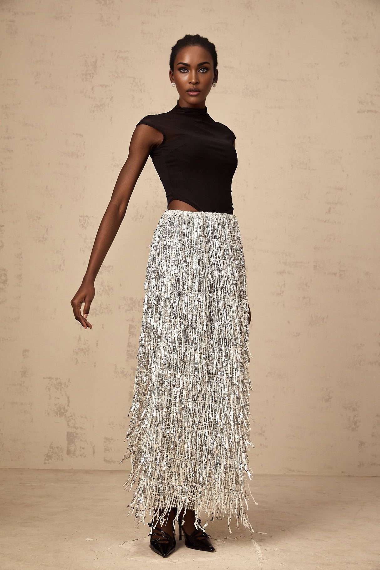 Charlotte Skirt & Top Set - Mock Neck Top with Boned Bodice - Semi - Sheer Corset Style - Sequin Embellished Fringed Skirt