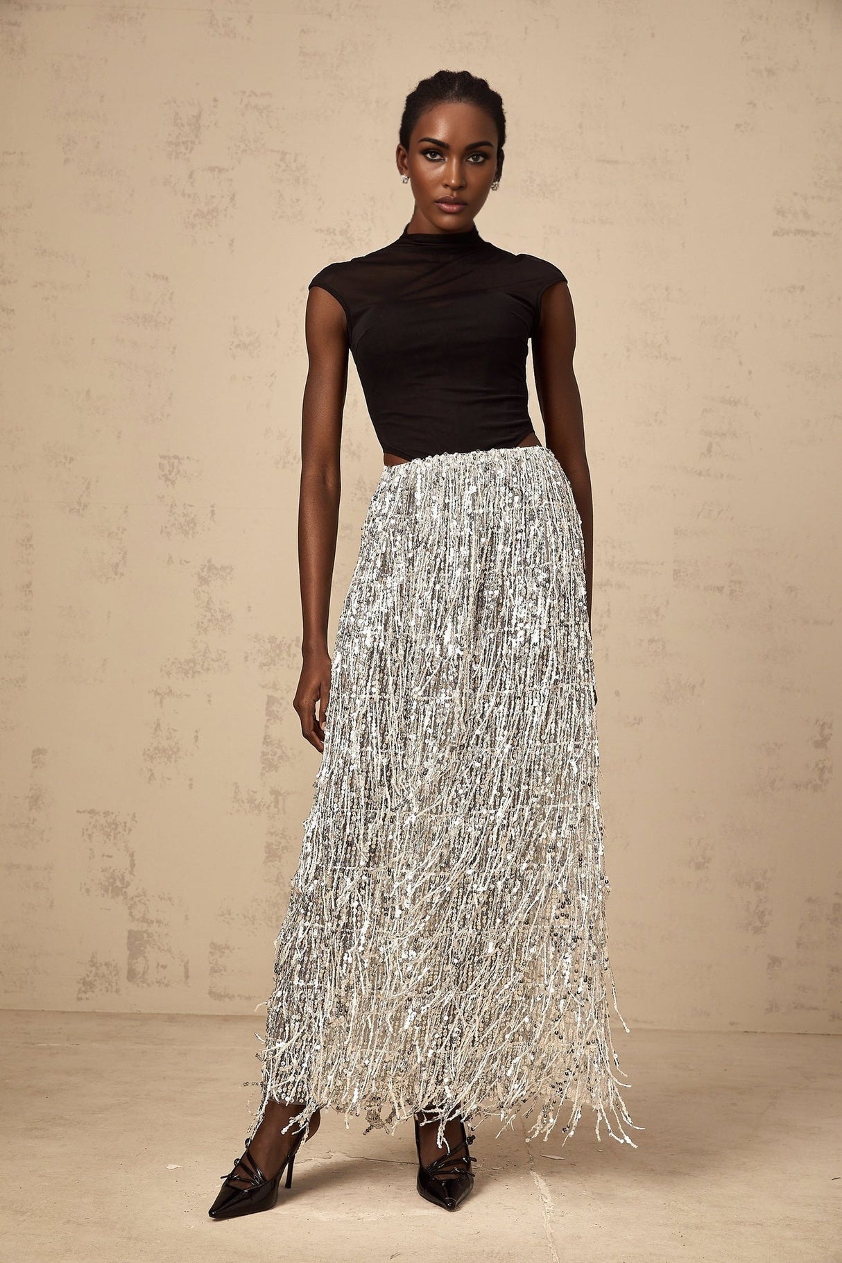 Charlotte Skirt & Top Set - Mock Neck Top with Boned Bodice - Semi - Sheer Corset Style - Sequin Embellished Fringed Skirt