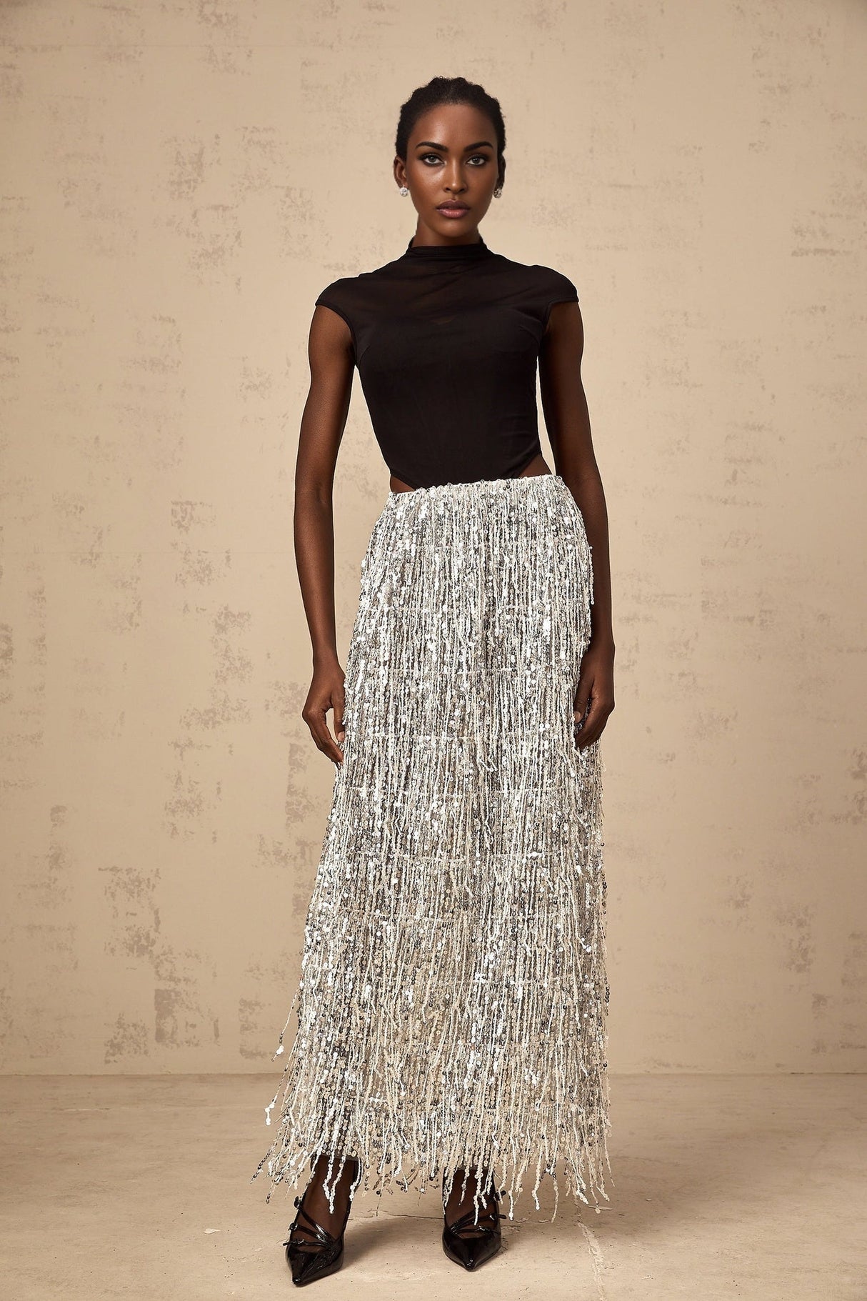 Charlotte Skirt & Top Set - Mock Neck Top with Boned Bodice - Semi - Sheer Corset Style - Sequin Embellished Fringed Skirt