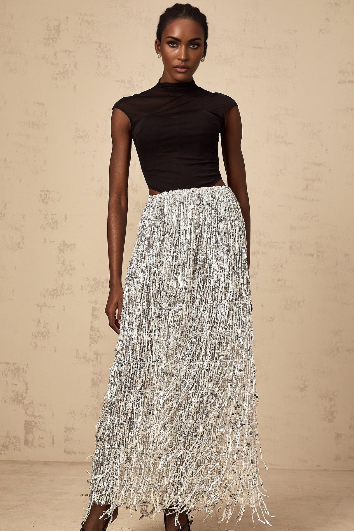 Charlotte Skirt & Top Set - Mock Neck Top with Boned Bodice - Semi - Sheer Corset Style - Sequin Embellished Fringed Skirt