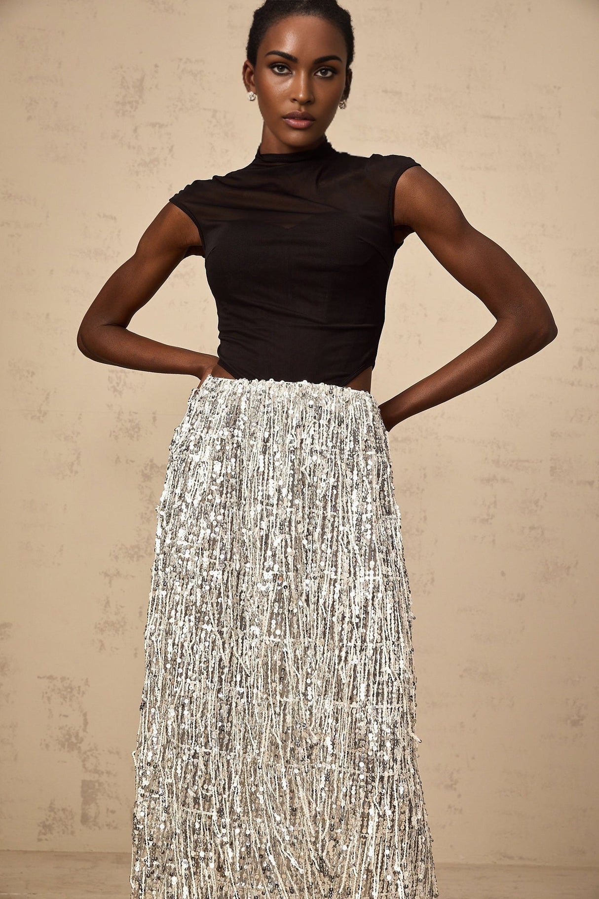 Charlotte Skirt & Top Set - Mock Neck Top with Boned Bodice - Semi - Sheer Corset Style - Sequin Embellished Fringed Skirt