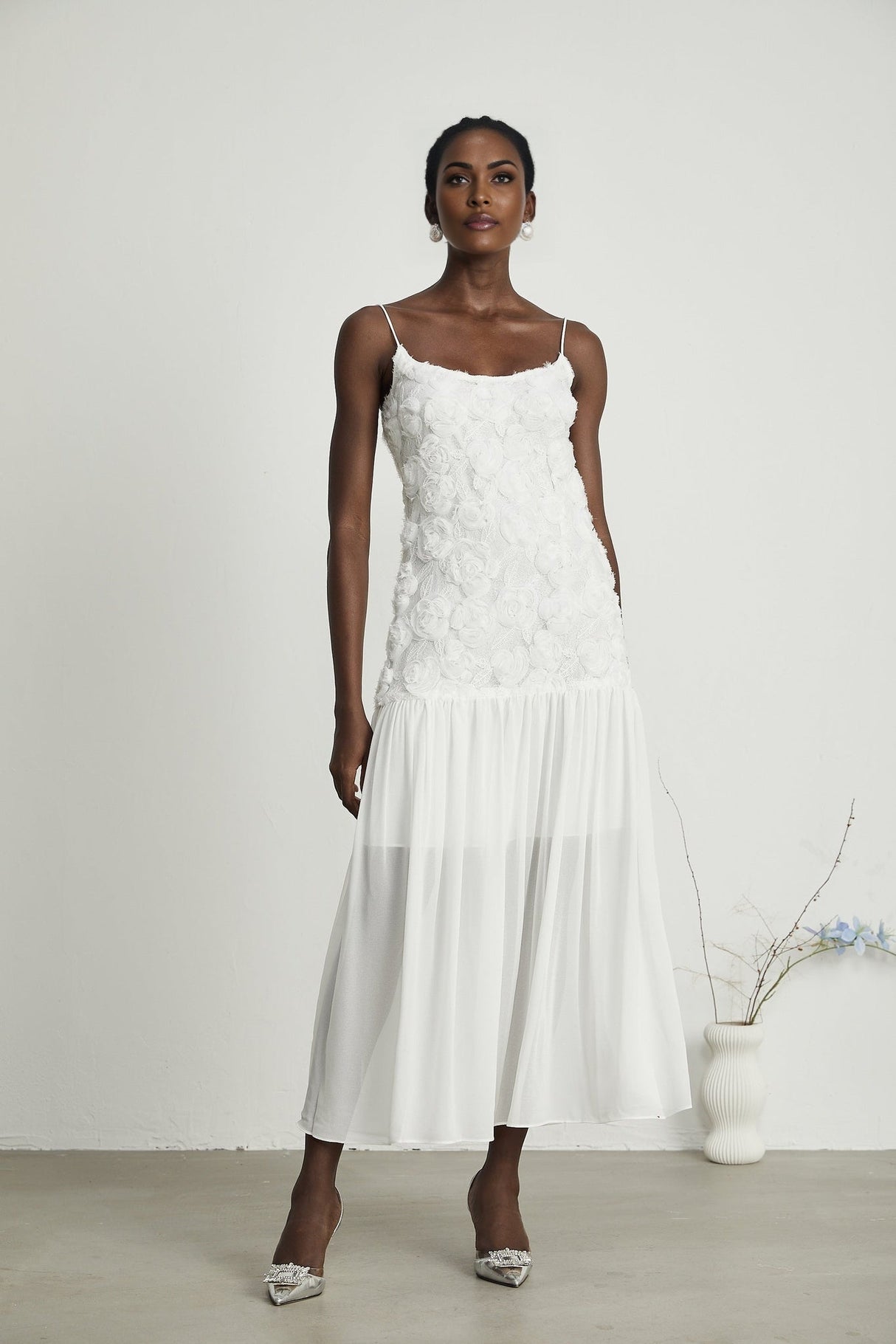 Chelsea Floral Maxi Dress - Square Neck - Spaghetti Straps - Panelled Appliqué Detailing - Rear Zip Fastening