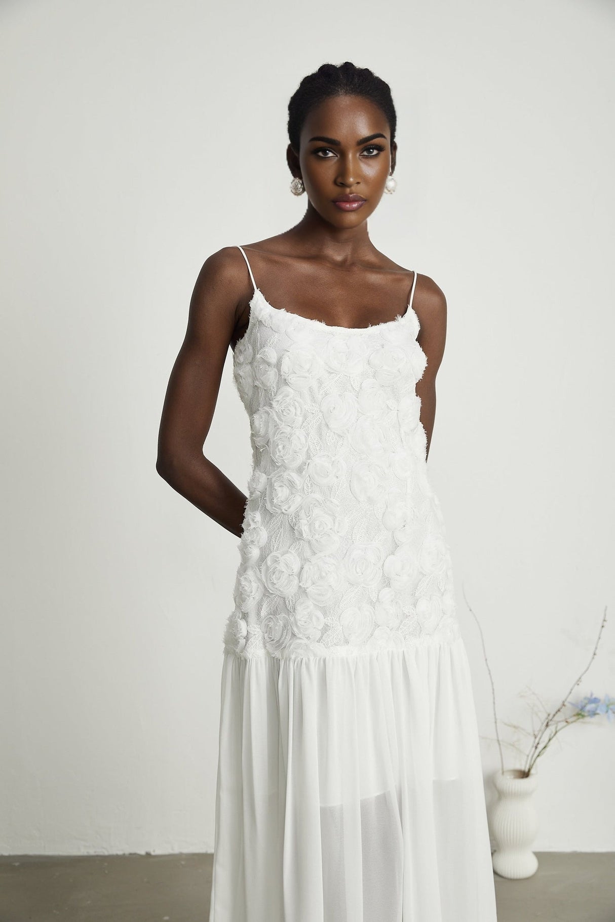 Chelsea Floral Maxi Dress - Square Neck - Spaghetti Straps - Panelled Appliqué Detailing - Rear Zip Fastening