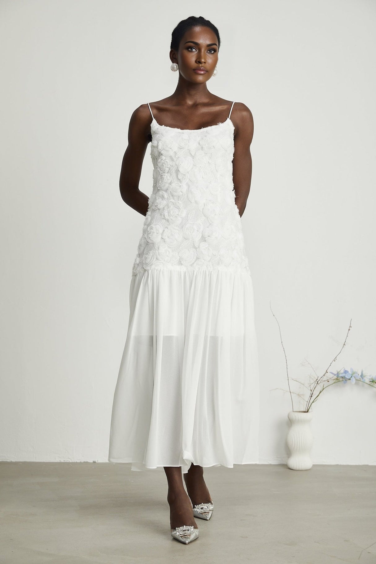 Chelsea Floral Maxi Dress - Square Neck - Spaghetti Straps - Panelled Appliqué Detailing - Rear Zip Fastening