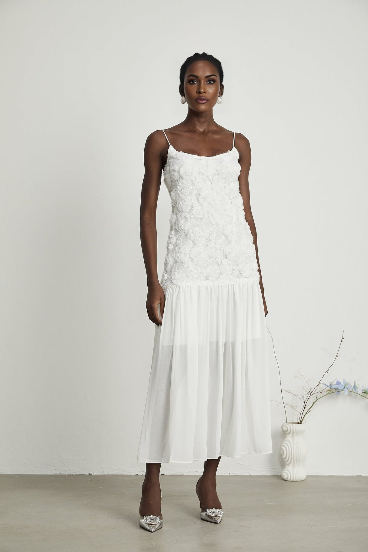 Chelsea Floral Maxi Dress - Square Neck - Spaghetti Straps - Panelled Appliqué Detailing - Rear Zip Fastening