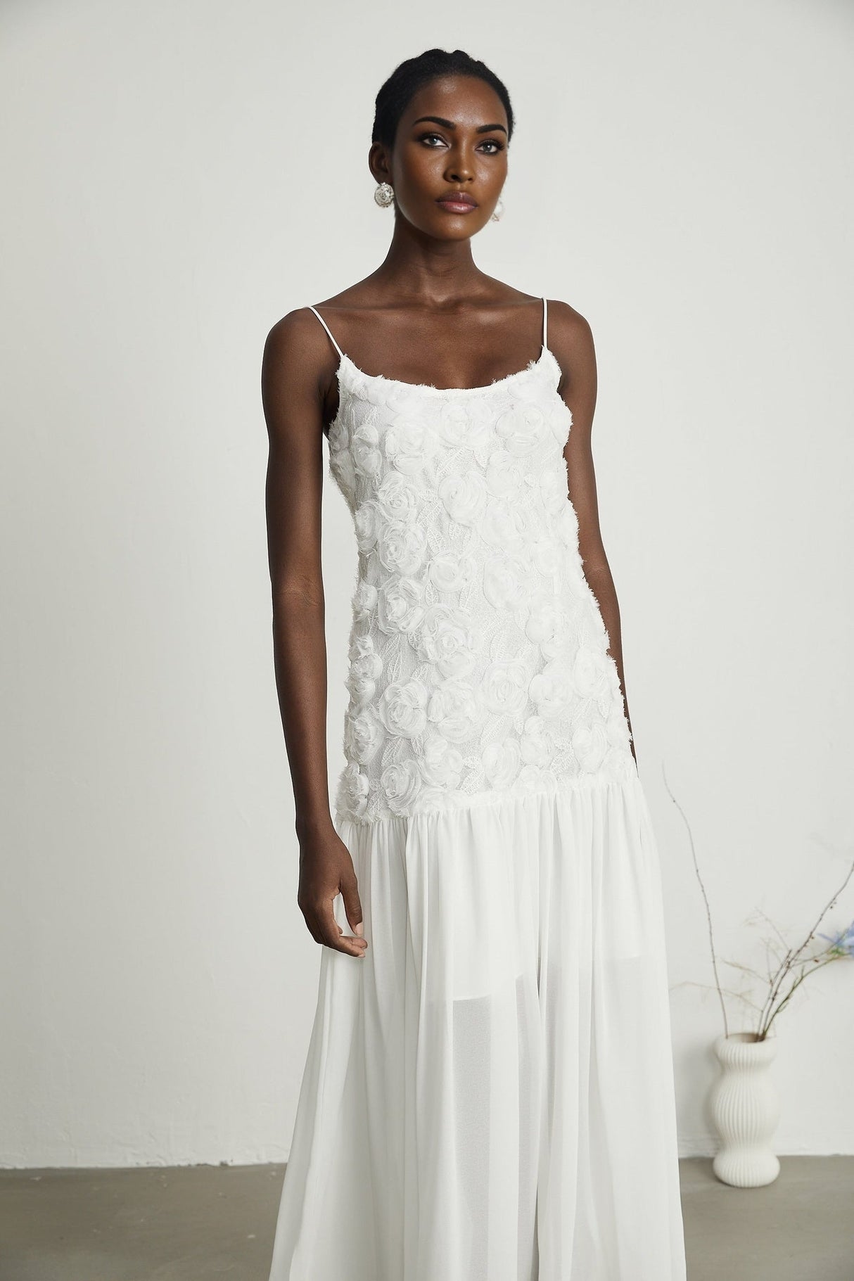 Chelsea Floral Maxi Dress - Square Neck - Spaghetti Straps - Panelled Appliqué Detailing - Rear Zip Fastening