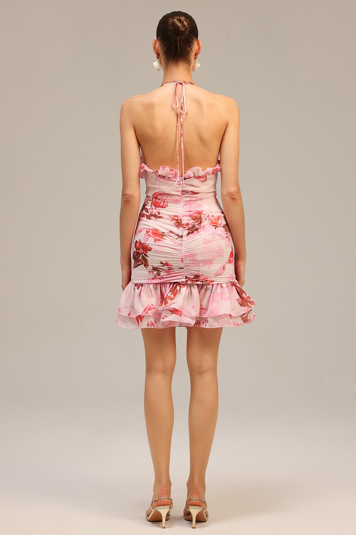 Chelsea Pink Floral Print Ruffled Neckline Dress