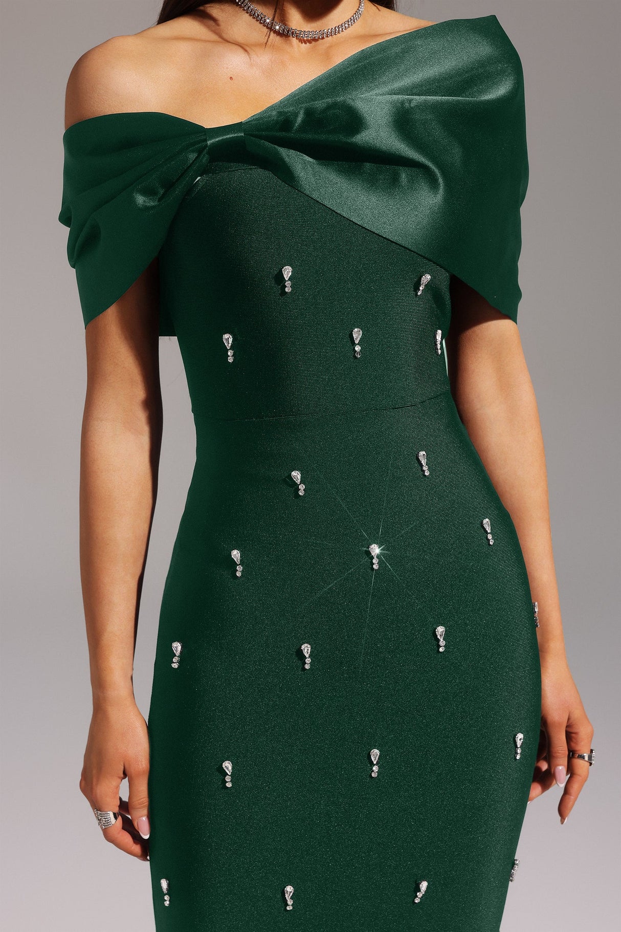 Cherish Green One Shoulder Bow Detail Dress with Diamond-like Embellishments