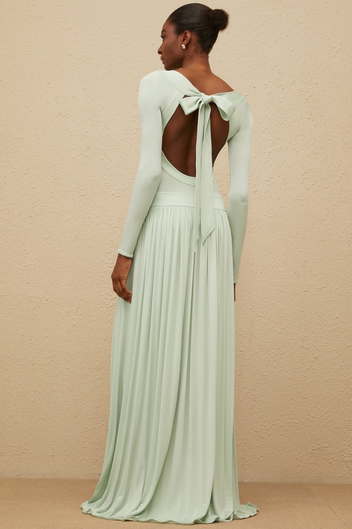 Cherish Maxi Dress - Mint Green - Long Sleeve - Open Back - Self - Tie