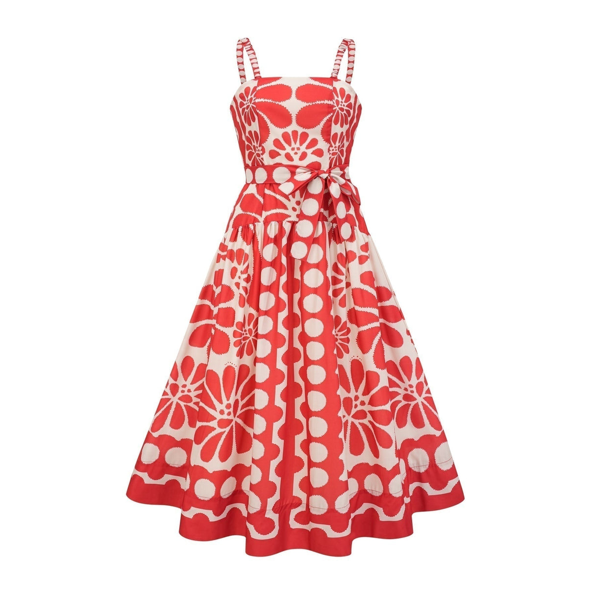 Cherish Midi Dress - Sleeveless Wide Strap Graphic Waist Tie Zip Closure Flattering Length