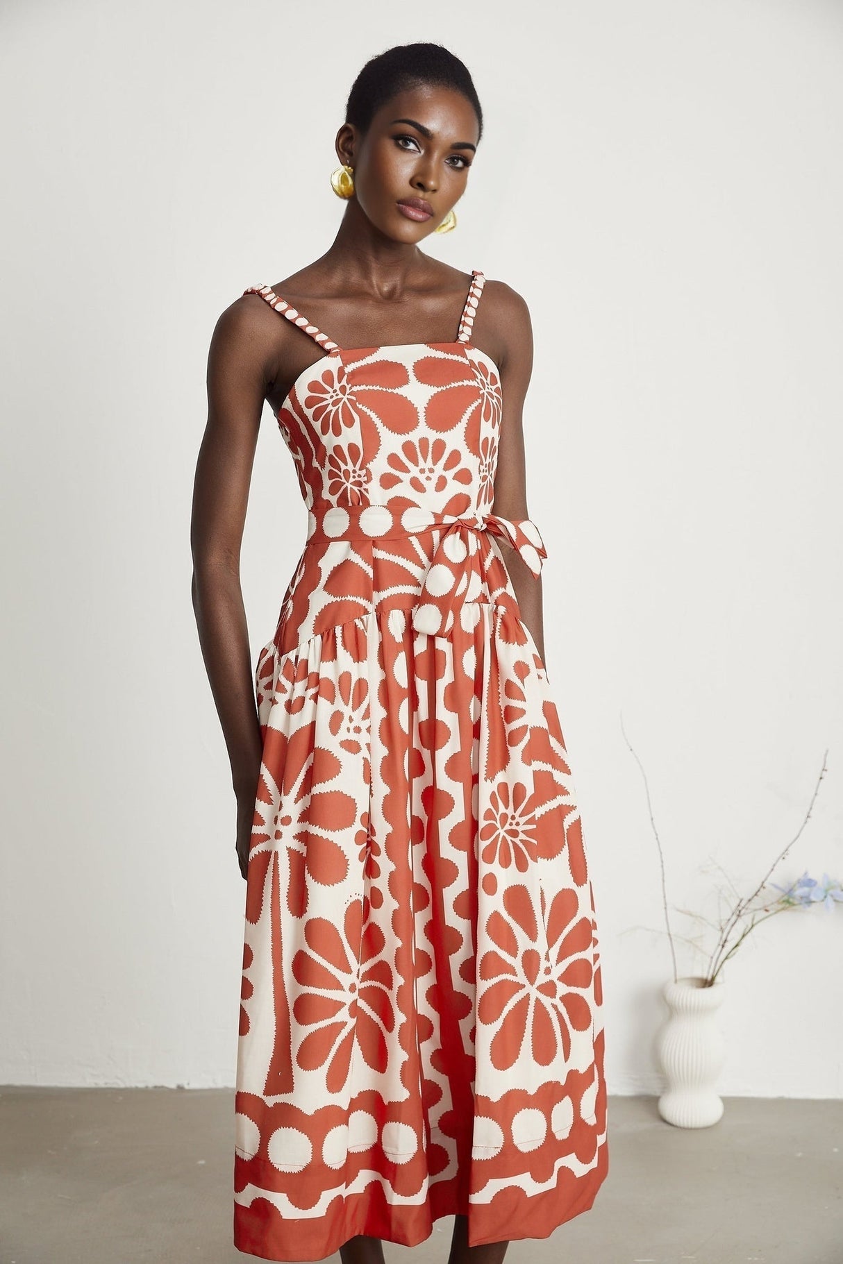 Cherish Midi Dress - Sleeveless Wide Strap Graphic Waist Tie Zip Closure Flattering Length