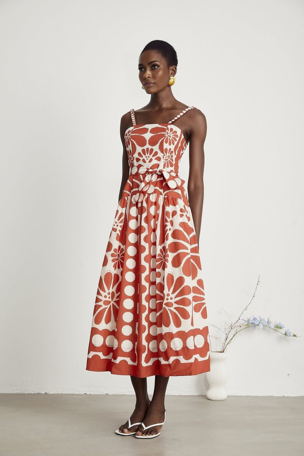 Cherish Midi Dress - Sleeveless Wide Strap Graphic Waist Tie Zip Closure Flattering Length