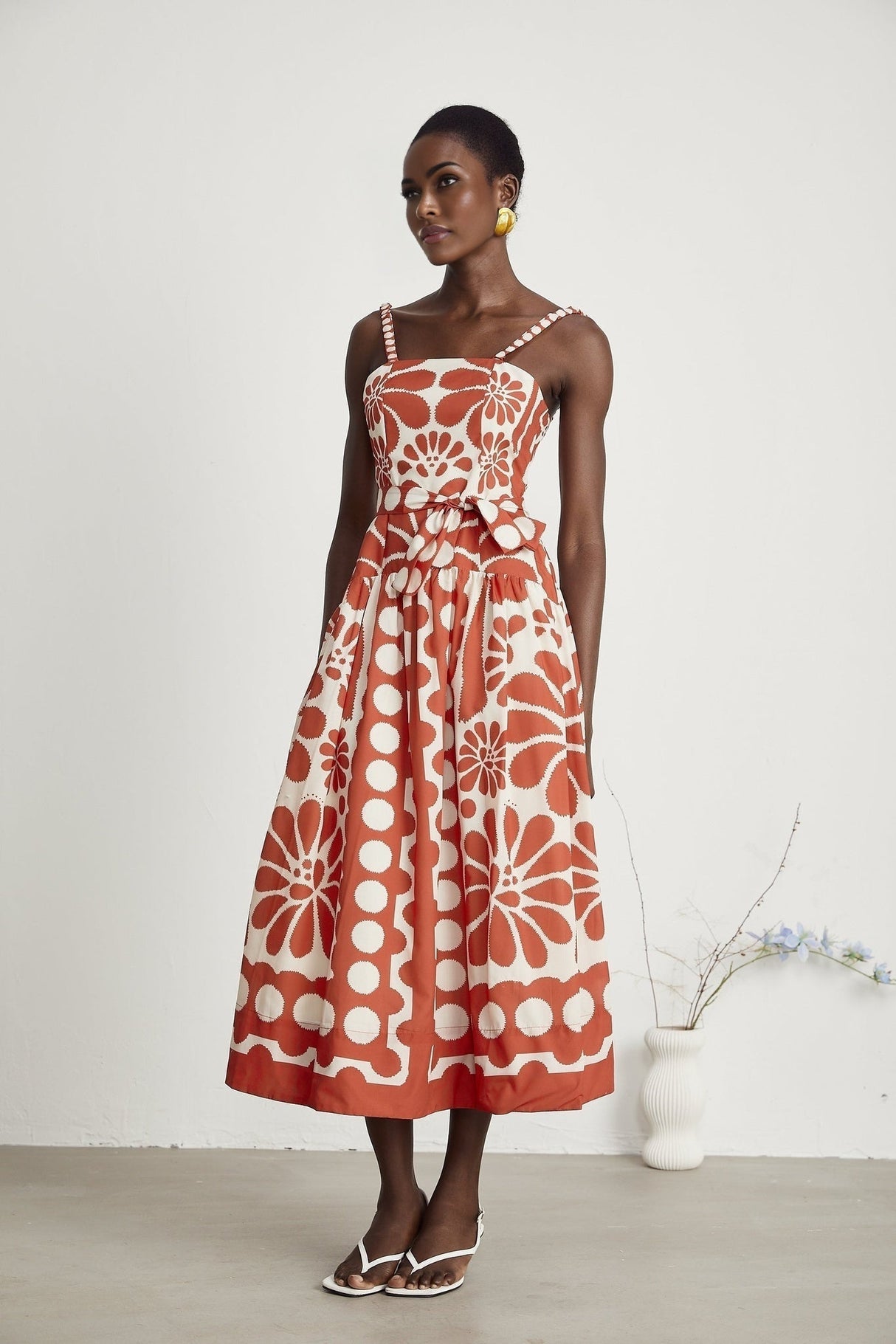 Cherish Midi Dress - Sleeveless Wide Strap Graphic Waist Tie Zip Closure Flattering Length