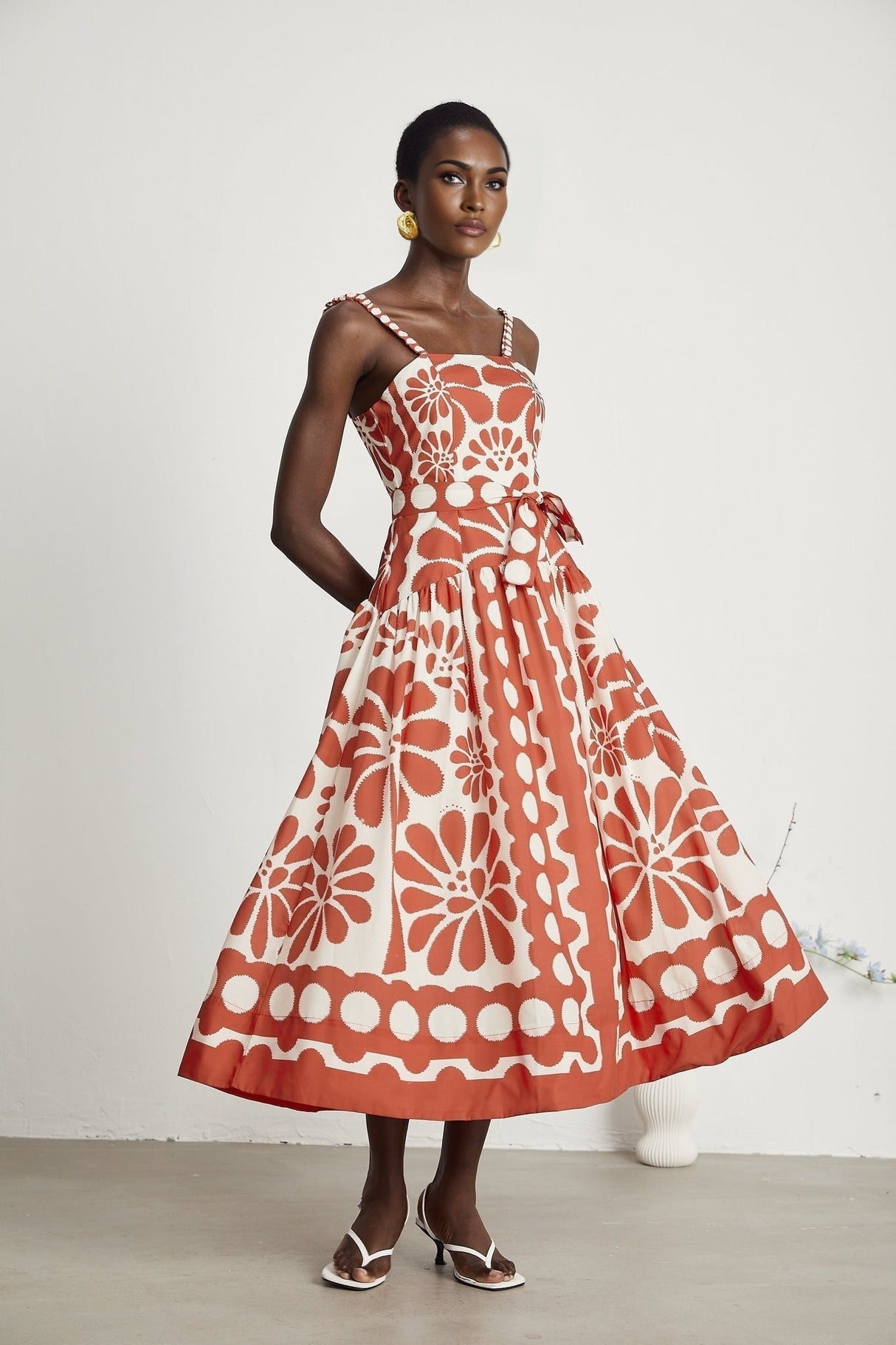 Cherish Midi Dress - Sleeveless Wide Strap Graphic Waist Tie Zip Closure Flattering Length