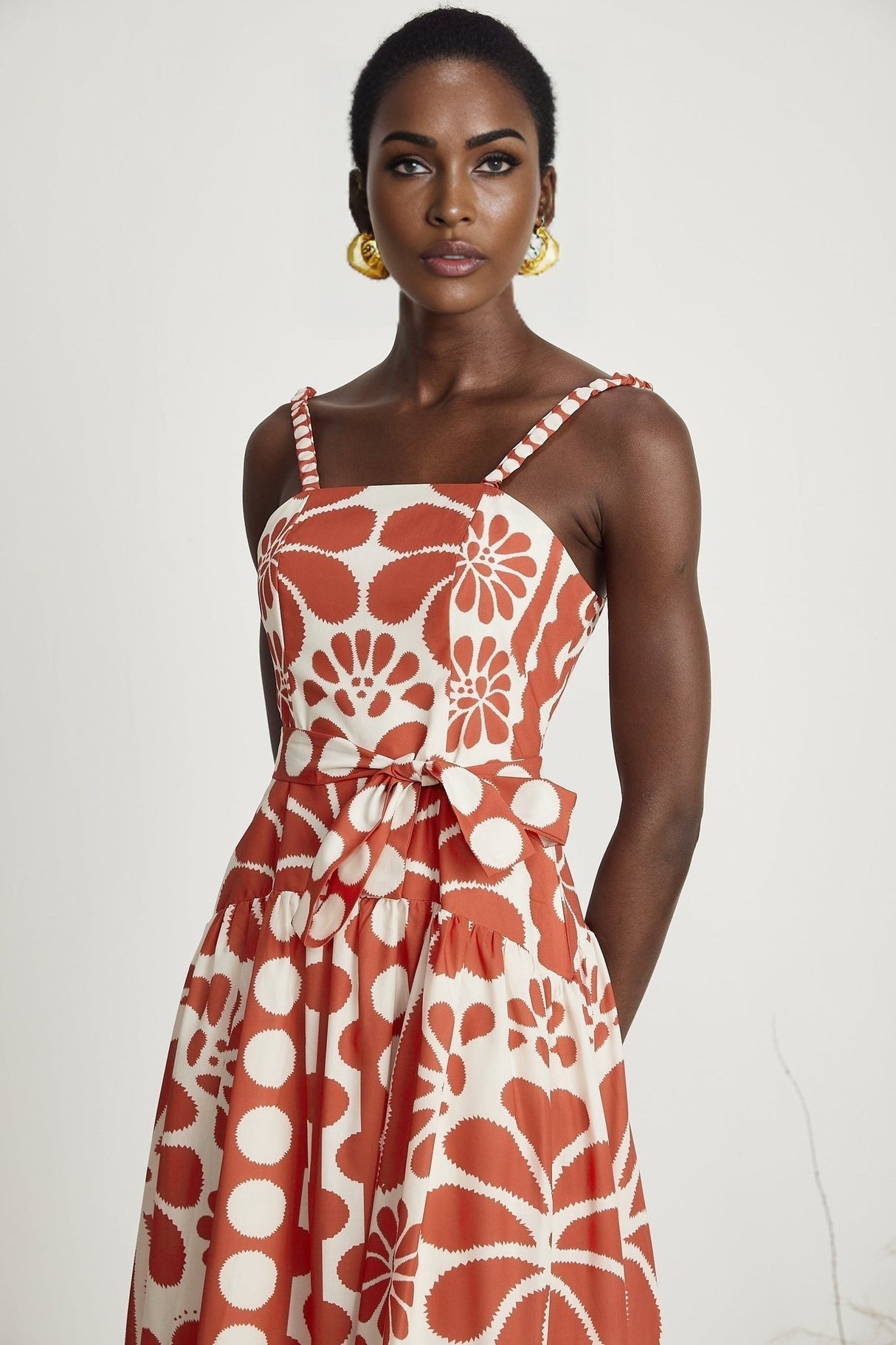 Cherish Midi Dress - Sleeveless Wide Strap Graphic Waist Tie Zip Closure Flattering Length