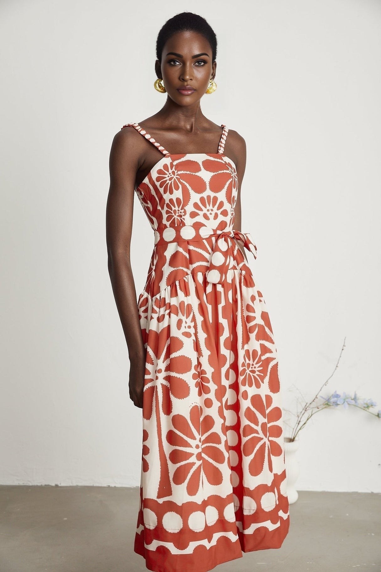 Cherish Midi Dress - Sleeveless Wide Strap Graphic Waist Tie Zip Closure Flattering Length