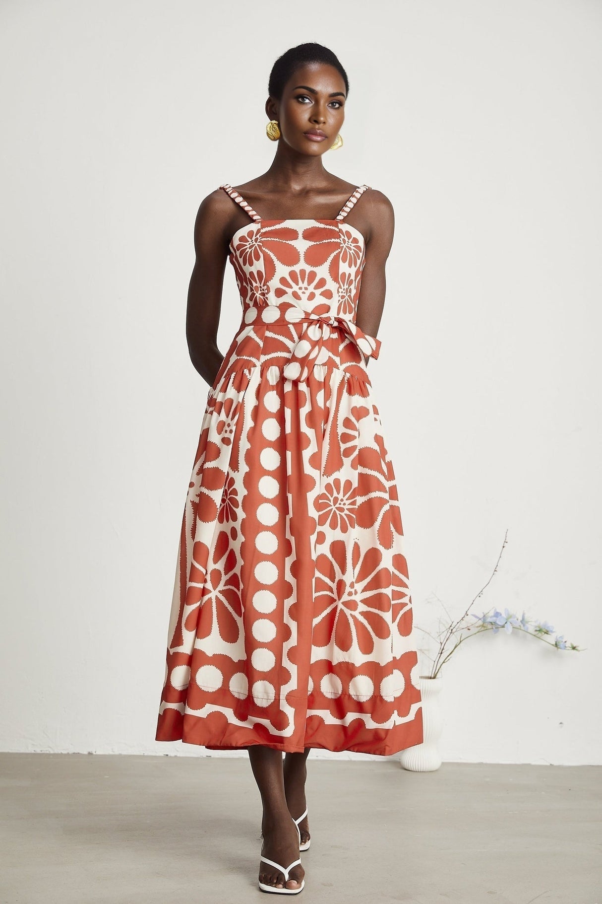 Cherish Midi Dress - Sleeveless Wide Strap Graphic Waist Tie Zip Closure Flattering Length