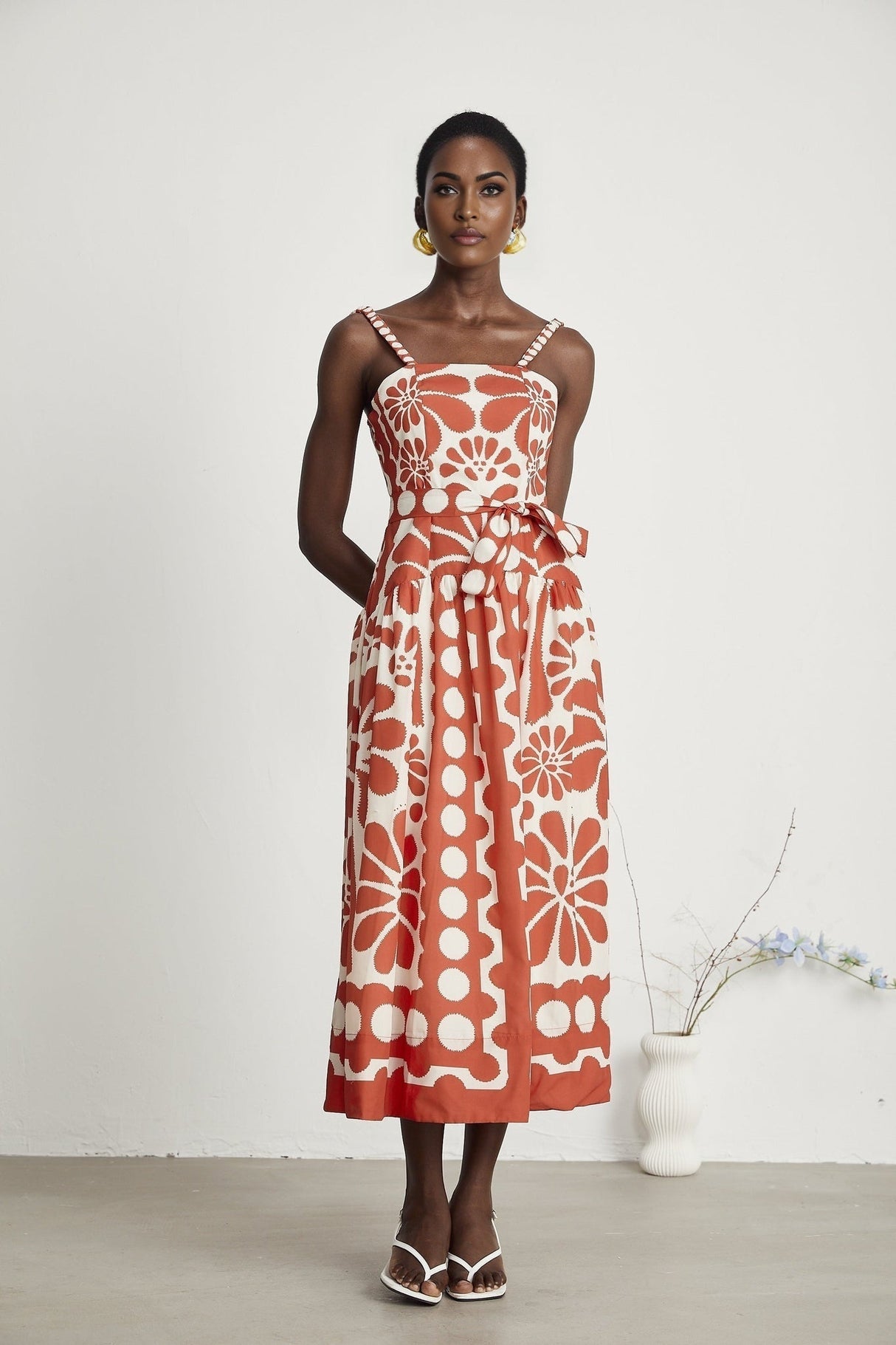 Cherish Midi Dress - Sleeveless Wide Strap Graphic Waist Tie Zip Closure Flattering Length