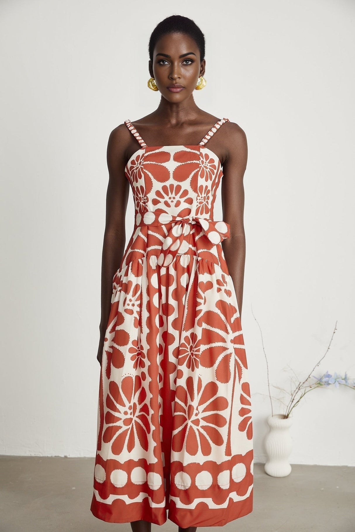 Cherish Midi Dress - Sleeveless Wide Strap Graphic Waist Tie Zip Closure Flattering Length