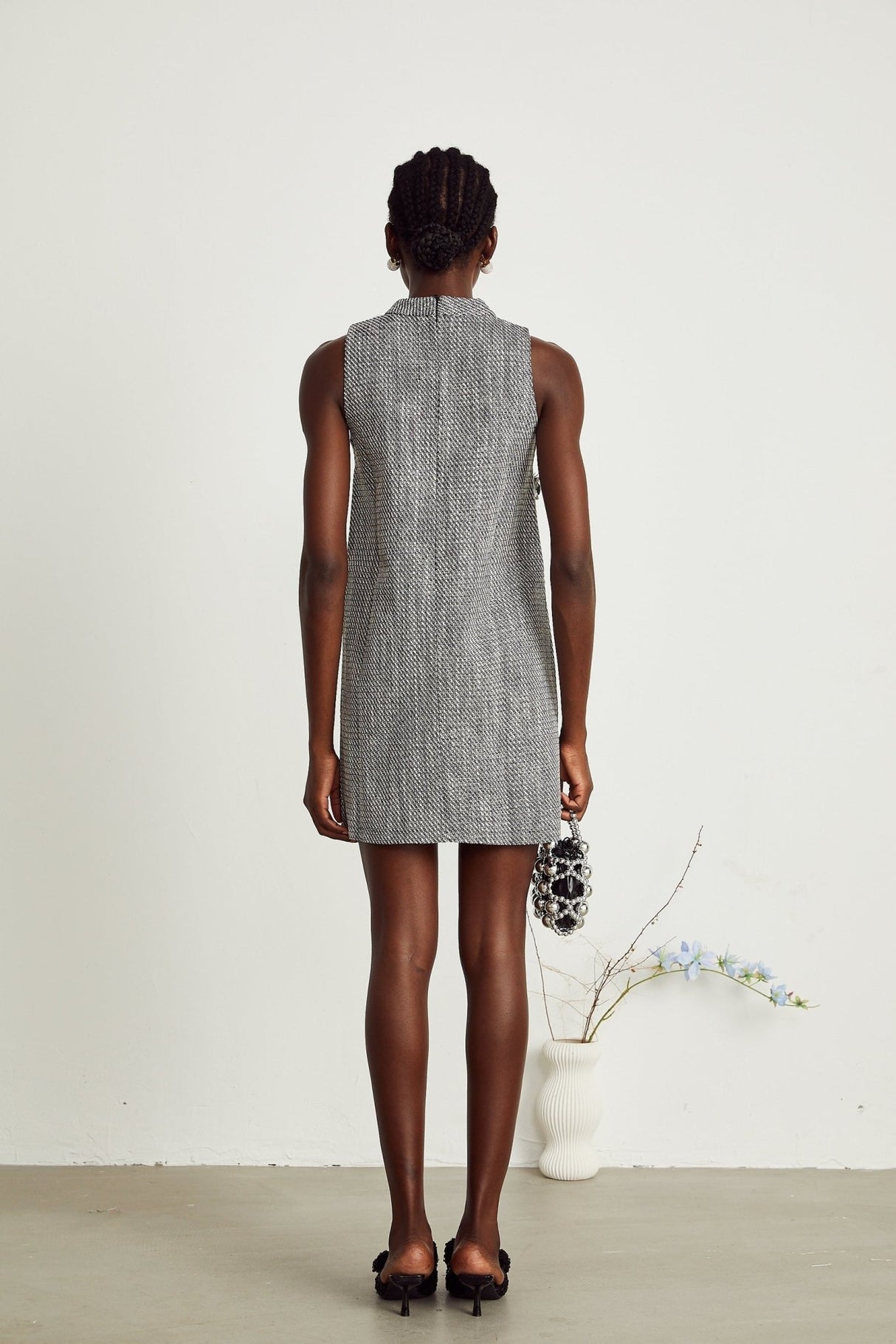 Cherish Mini Dress - Crew Neck - Sleeveless - Faux - Flower Detailing - A - Line Silhouette