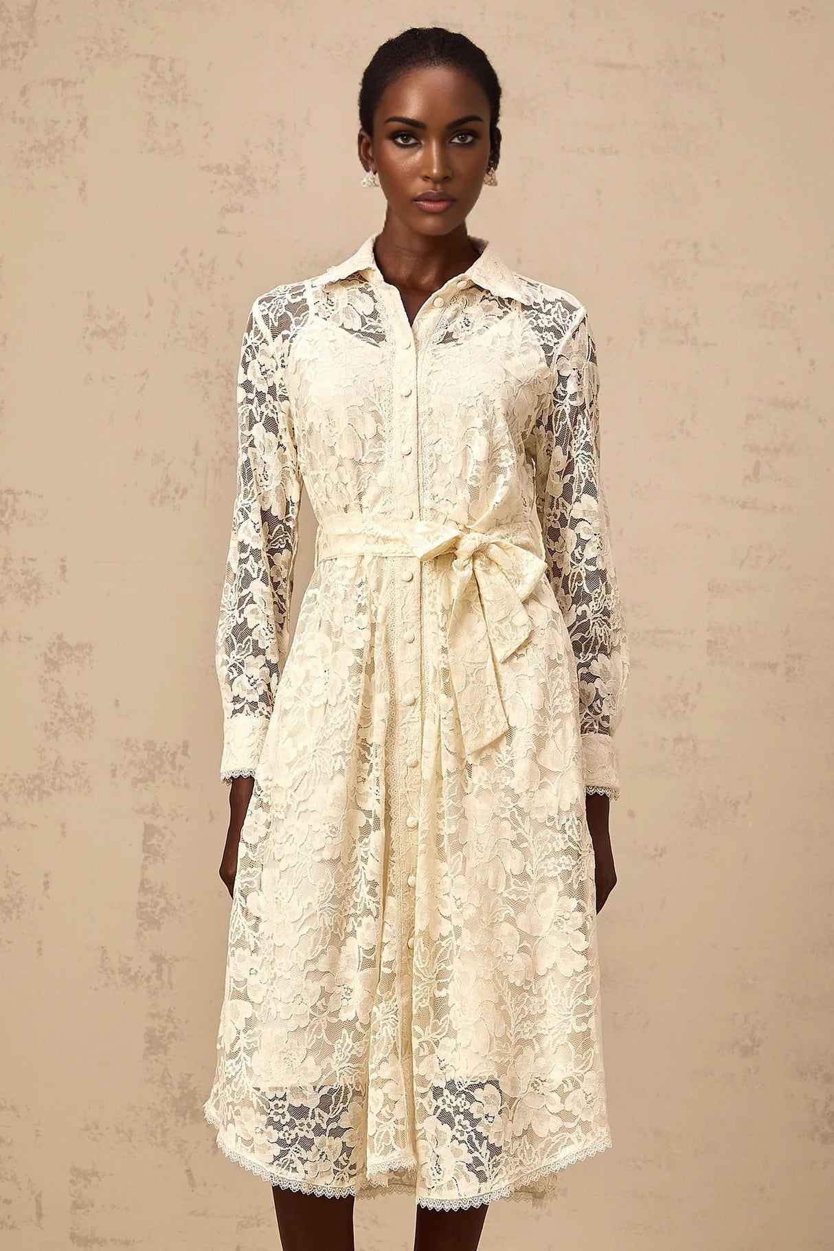 Cheyenne Midi Dress Neutrals Guipure - Lace Calf - Length Shirt & Tied Waist
