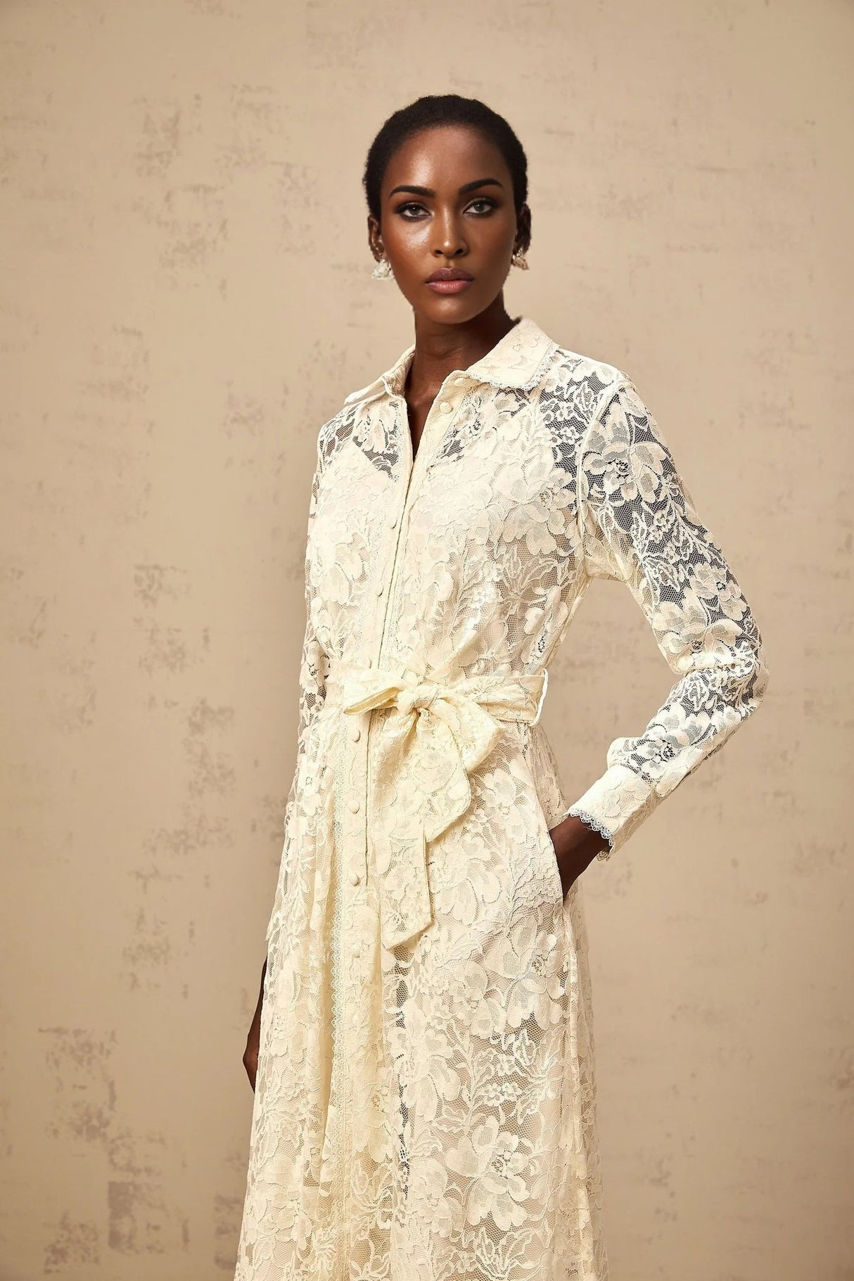 Cheyenne Midi Dress Neutrals Guipure - Lace Calf - Length Shirt & Tied Waist