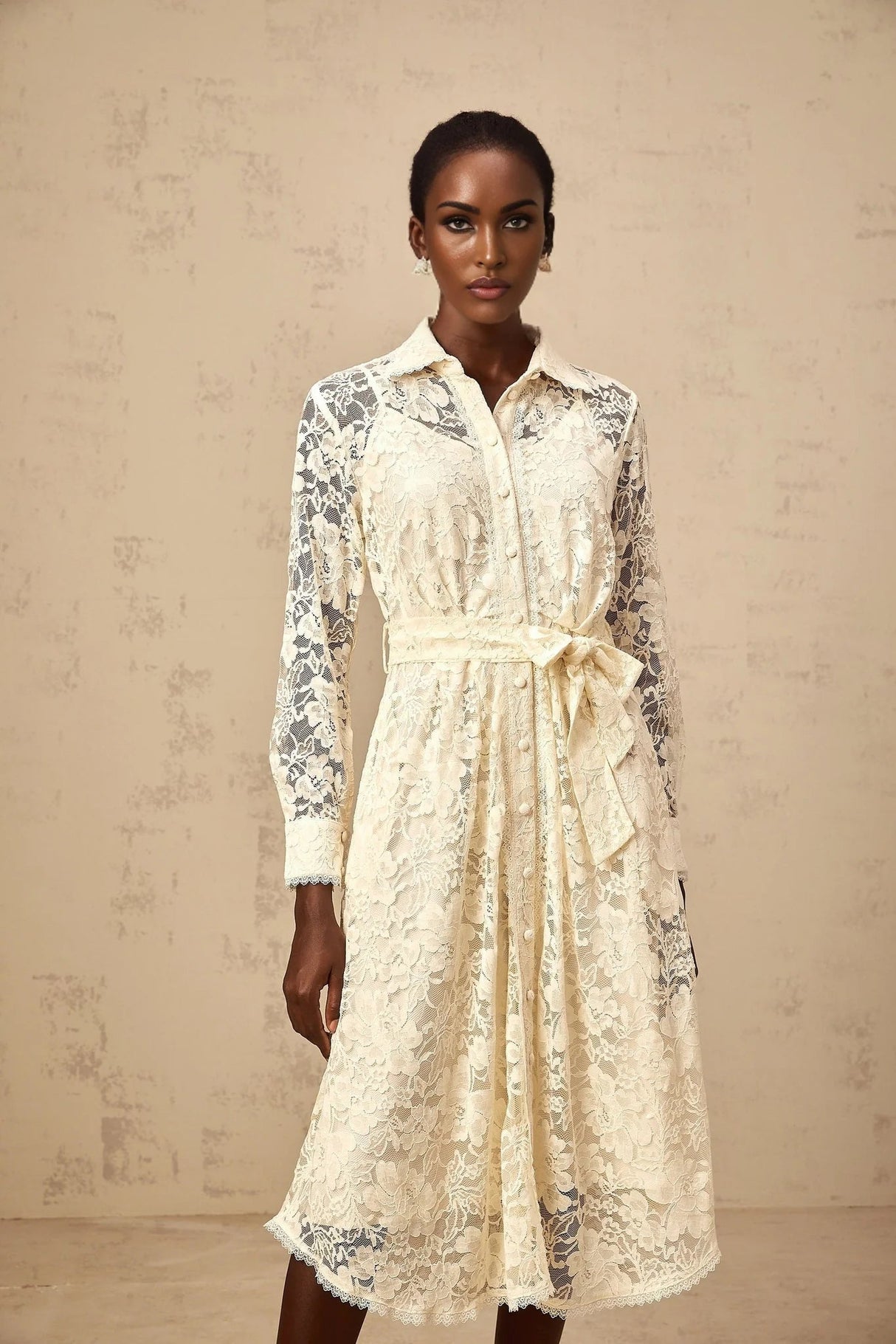 Cheyenne Midi Dress Neutrals Guipure - Lace Calf - Length Shirt & Tied Waist