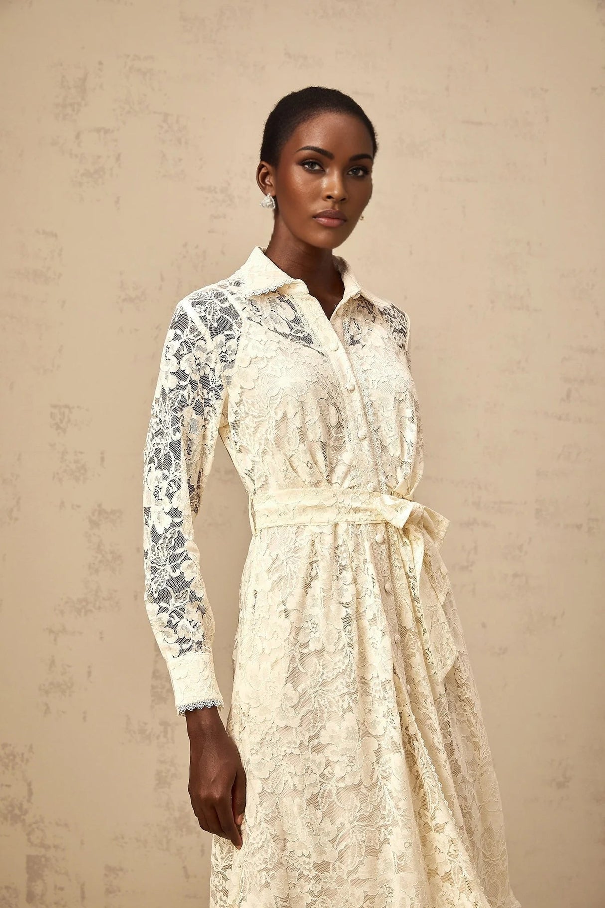 Cheyenne Midi Dress Neutrals Guipure - Lace Calf - Length Shirt & Tied Waist