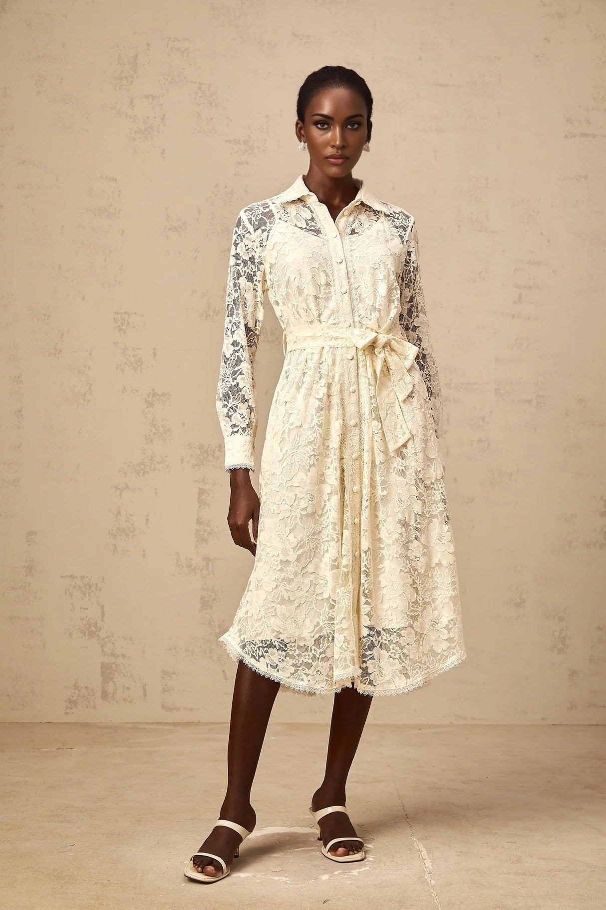 Cheyenne Midi Dress Neutrals Guipure - Lace Calf - Length Shirt & Tied Waist