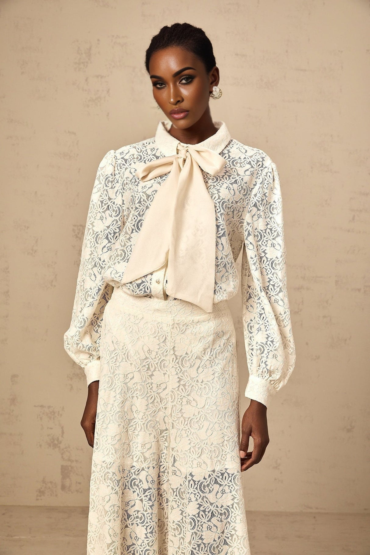 Cheyenne Shirt & Trousers - Classic Collar - Ribbon Tie - Neck Detailing - Guipure Lace Embellishments - Wide Leg Style