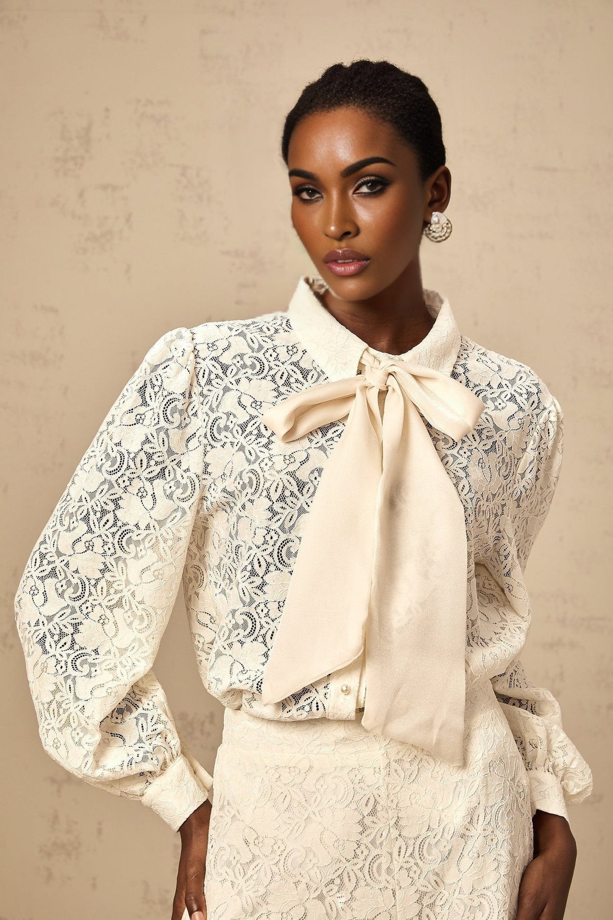 Cheyenne Shirt & Trousers - Classic Collar - Ribbon Tie - Neck Detailing - Guipure Lace Embellishments - Wide Leg Style