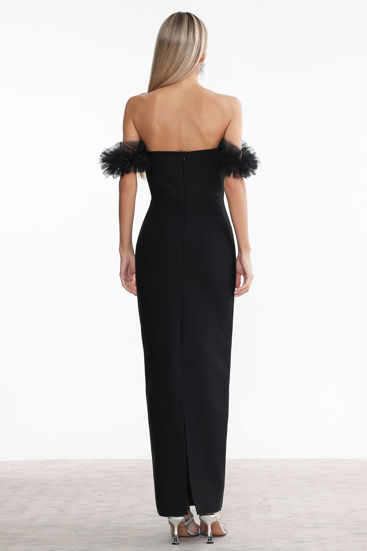 Chiara Black Rhinestone Off-Shoulder Maxi Dress