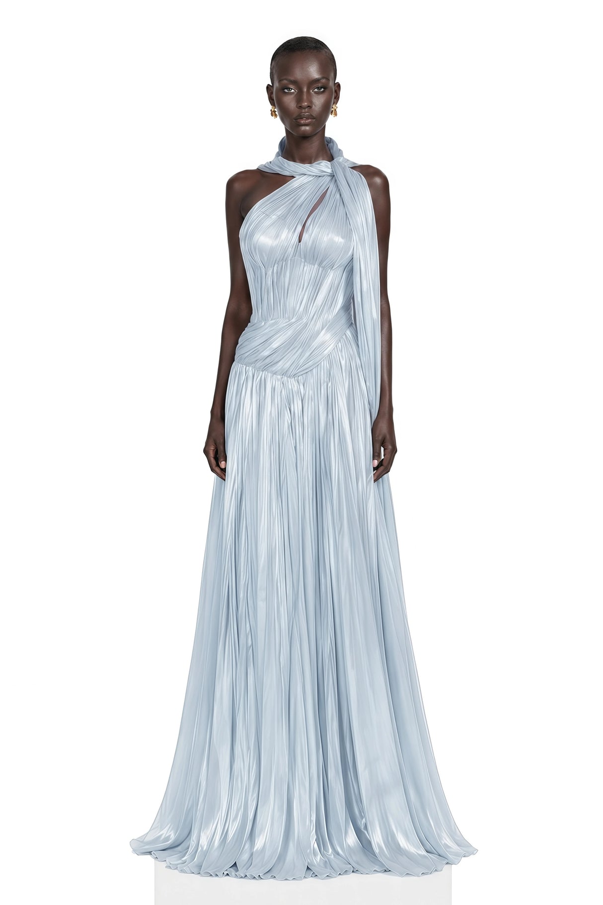 Chiara Blue Asymmetrical Pleated Maxi Dress