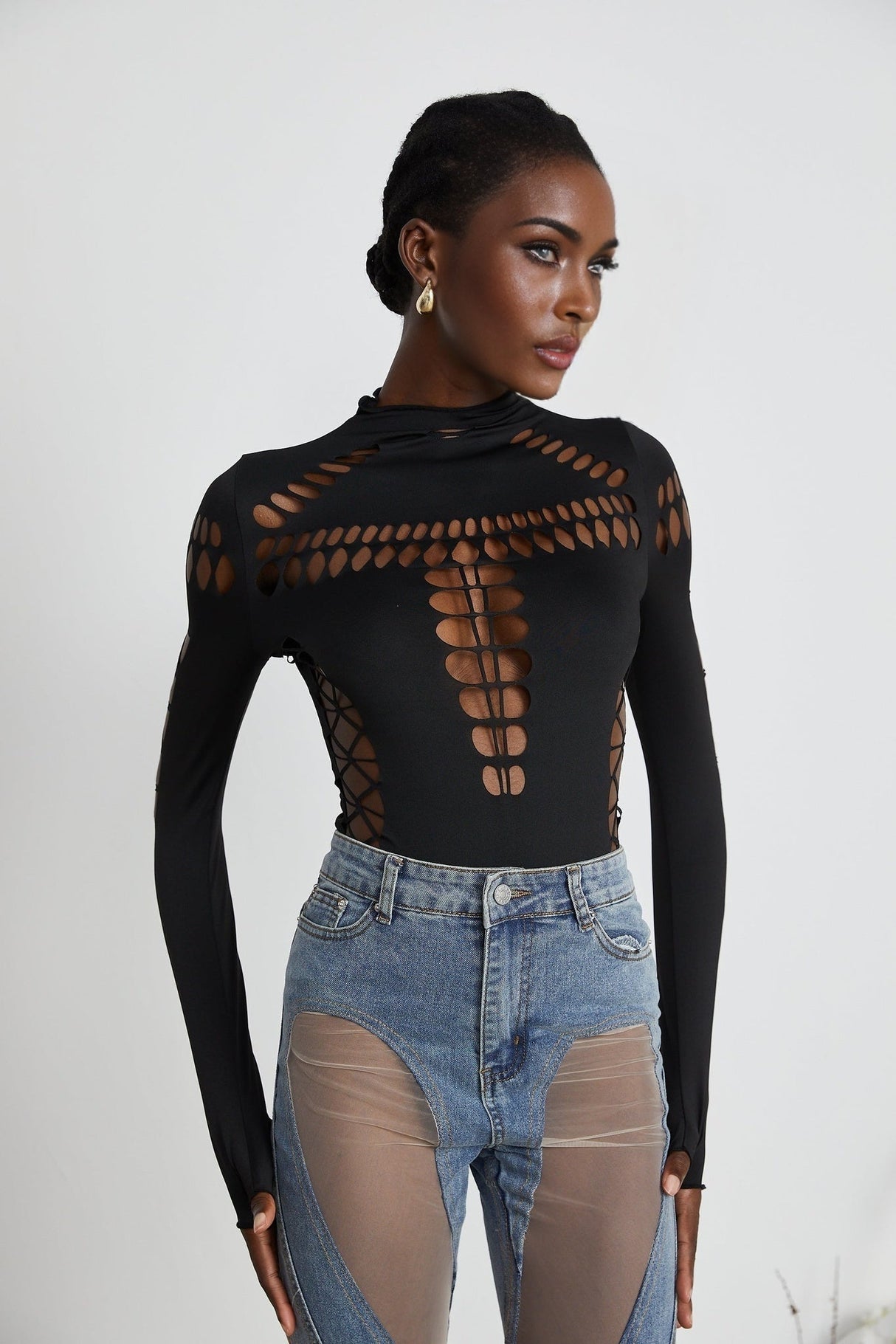Chiara Bodysuit - Mock Neck - Cut - Out Design - Bodycon Fit - Long Sleeves