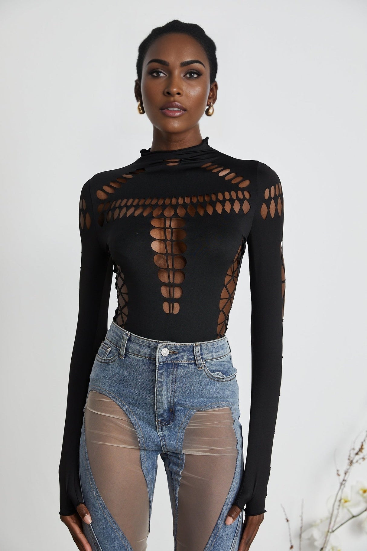 Chiara Bodysuit - Mock Neck - Cut - Out Design - Bodycon Fit - Long Sleeves