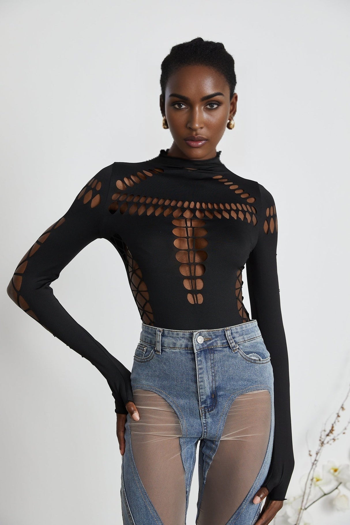 Chiara Bodysuit - Mock Neck - Cut - Out Design - Bodycon Fit - Long Sleeves