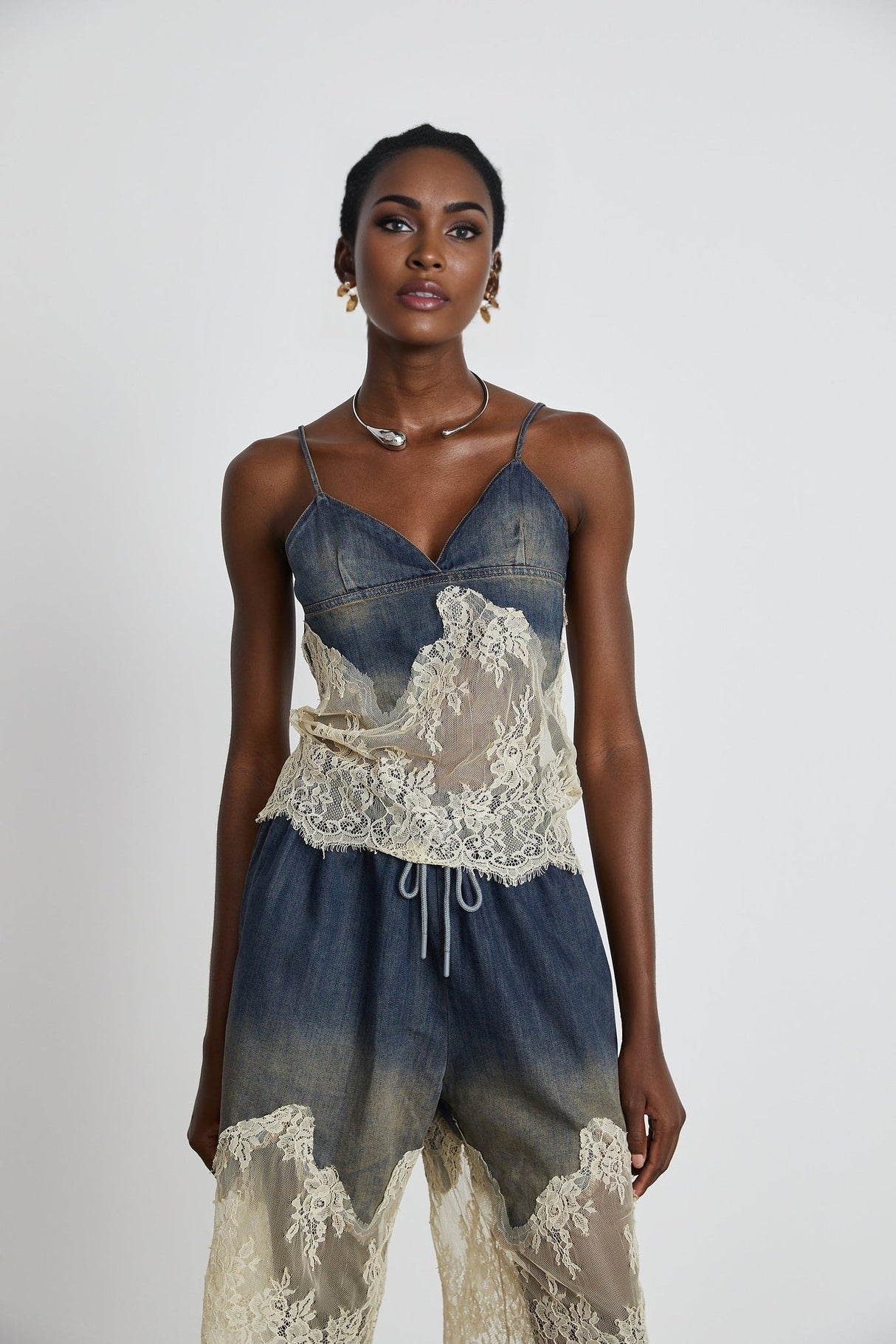 Chiara Top & Shorts - Denim Blend - Lace Detailing - Elasticated Waistband - Side Pockets