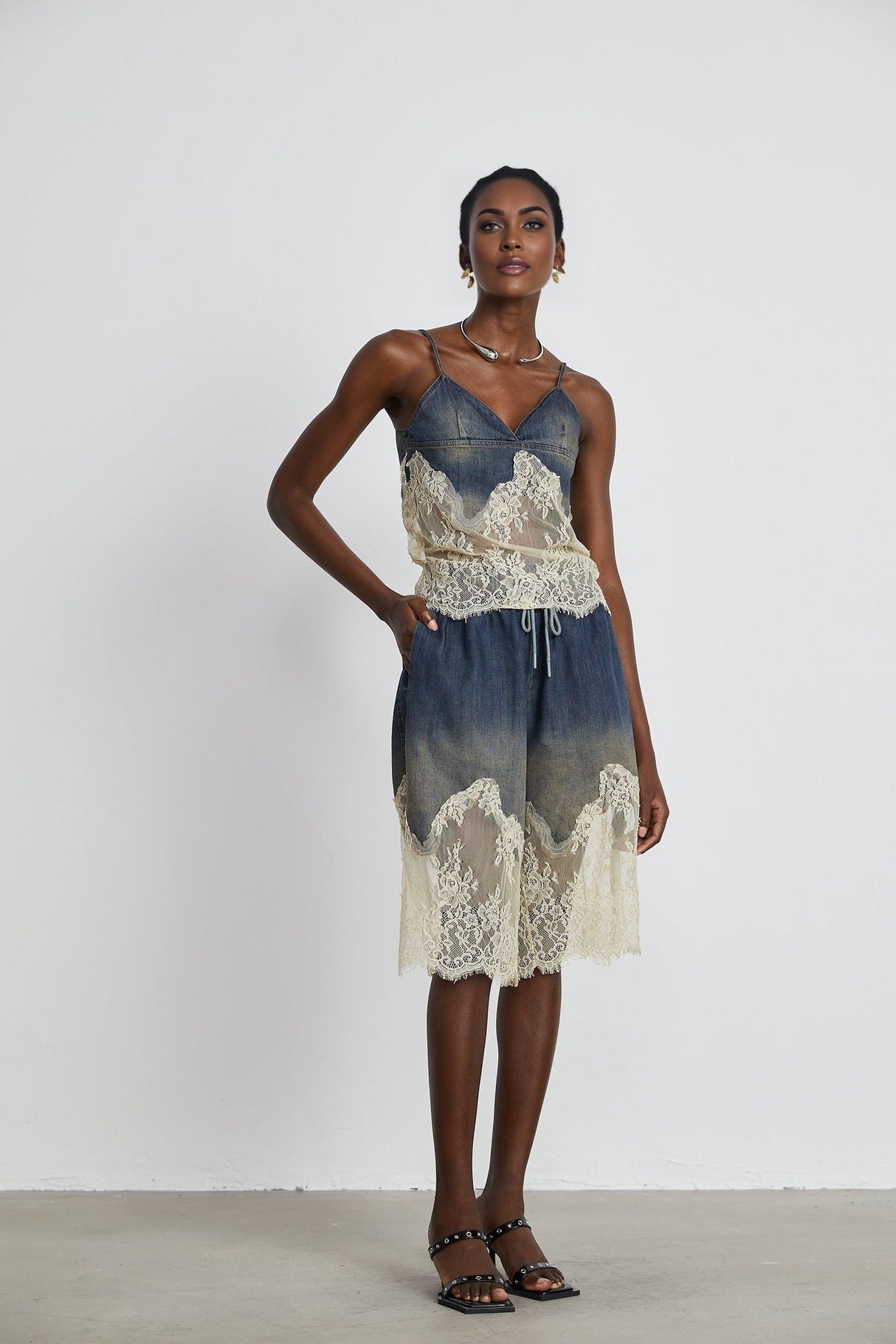 Chiara Top & Shorts - Denim Blend - Lace Detailing - Elasticated Waistband - Side Pockets
