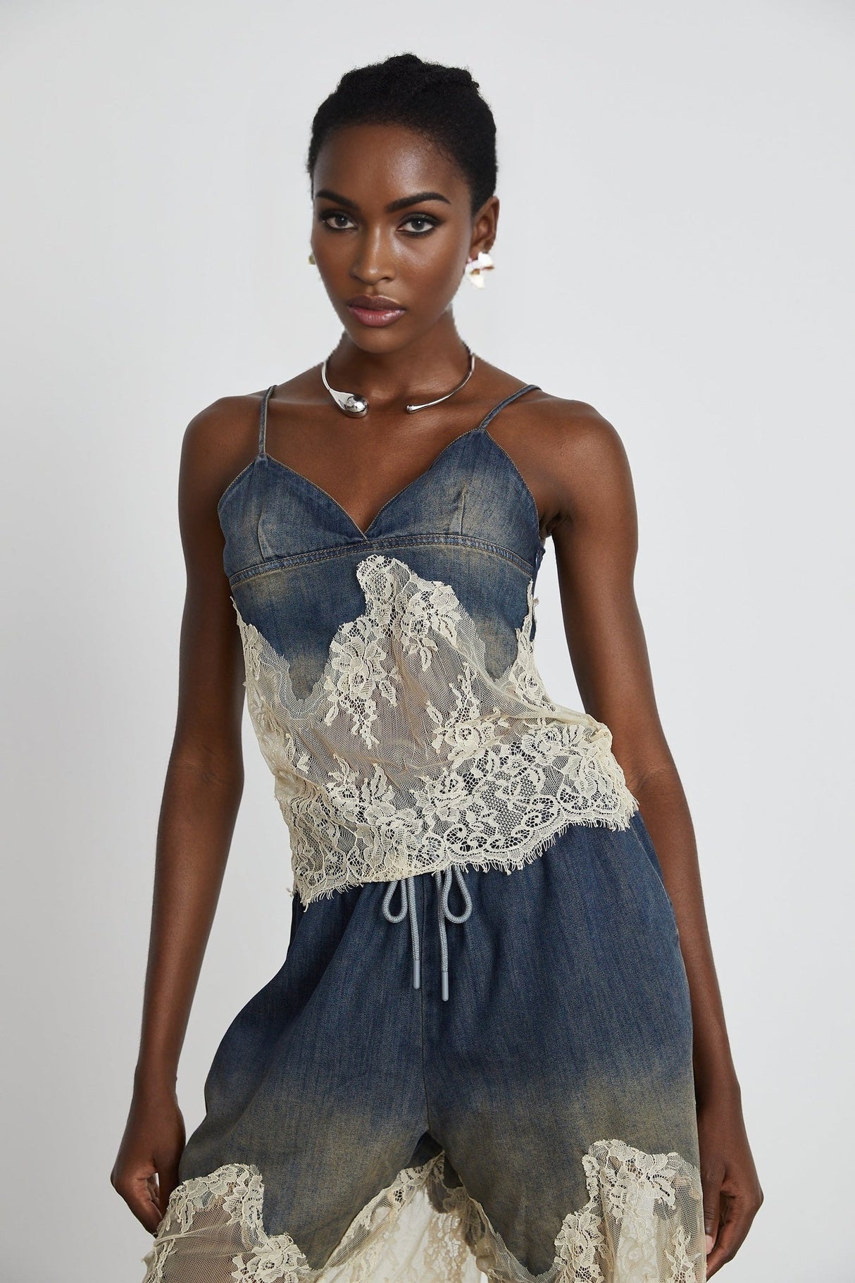 Chiara Top & Shorts - Denim Blend - Lace Detailing - Elasticated Waistband - Side Pockets