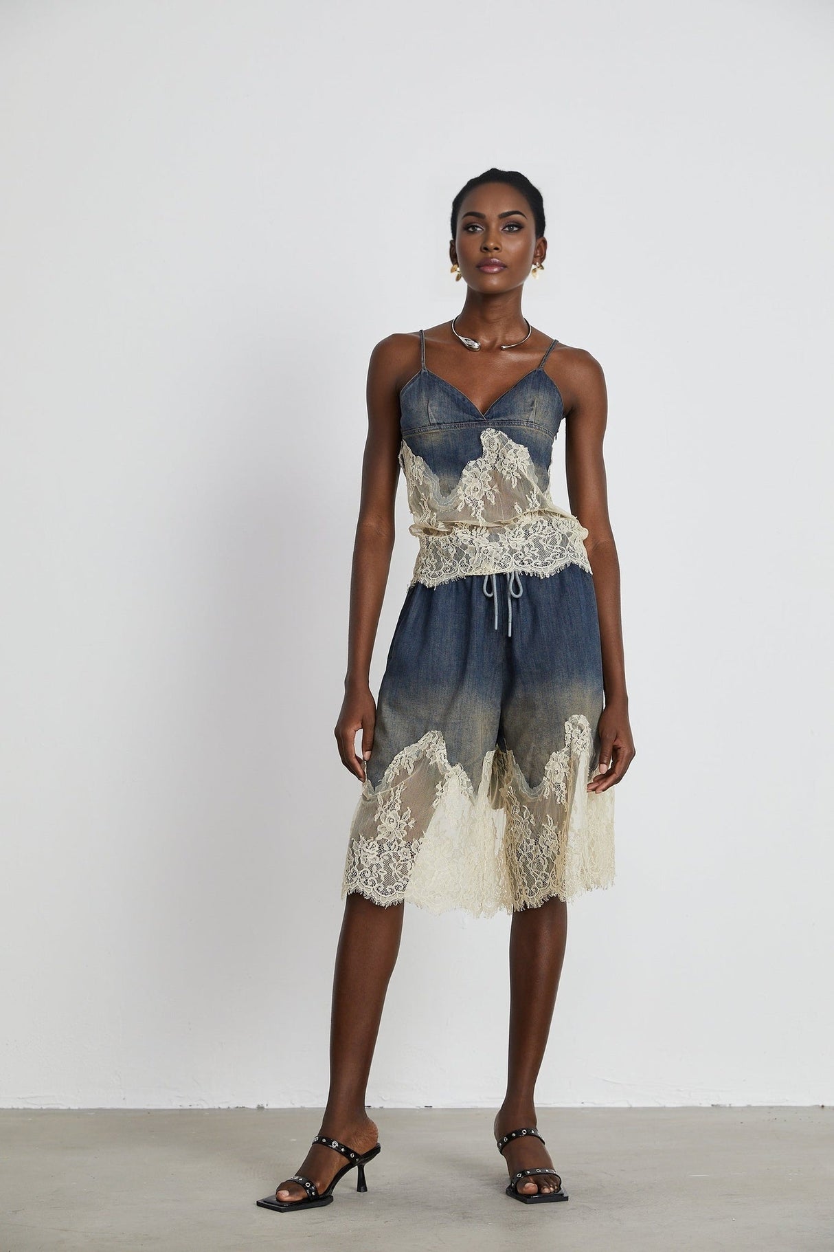 Chiara Top & Shorts - Denim Blend - Lace Detailing - Elasticated Waistband - Side Pockets