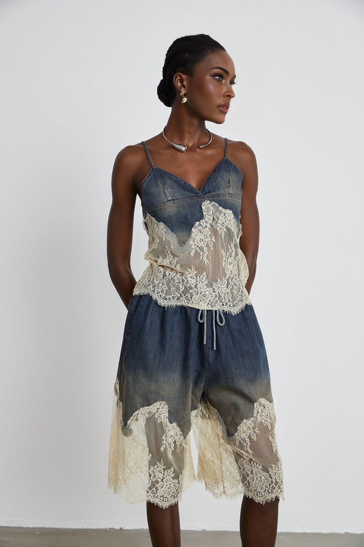 Chiara Top & Shorts - Denim Blend - Lace Detailing - Elasticated Waistband - Side Pockets