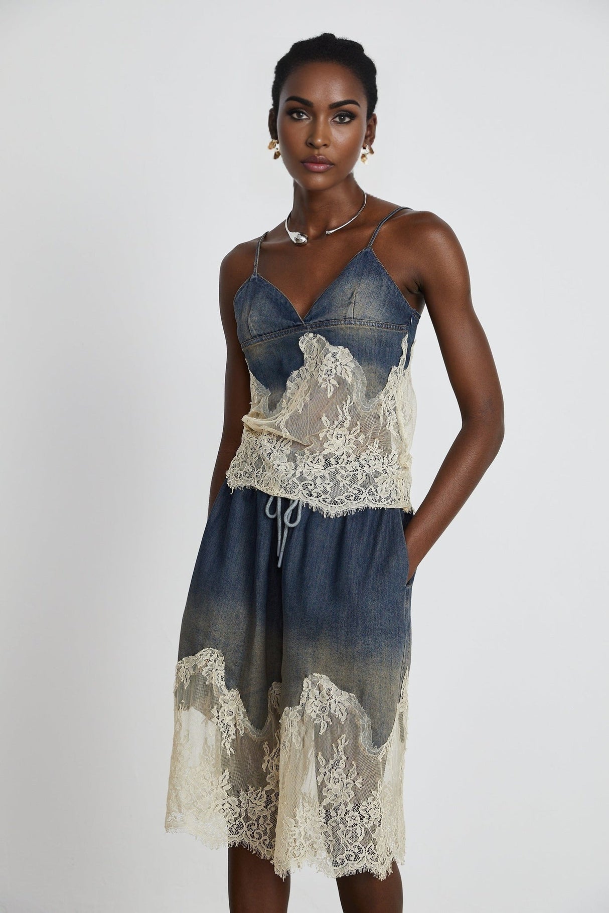 Chiara Top & Shorts - Denim Blend - Lace Detailing - Elasticated Waistband - Side Pockets