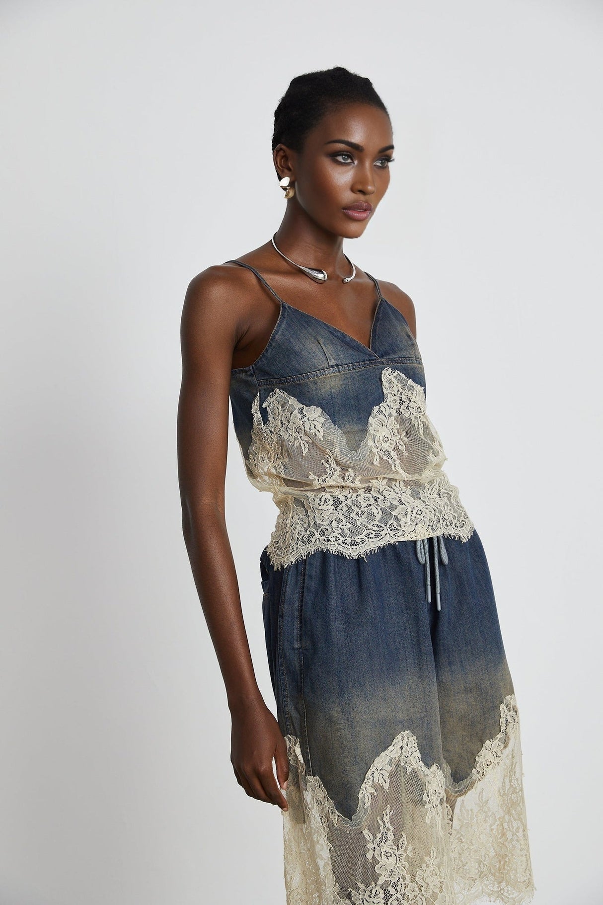 Chiara Top & Shorts - Denim Blend - Lace Detailing - Elasticated Waistband - Side Pockets