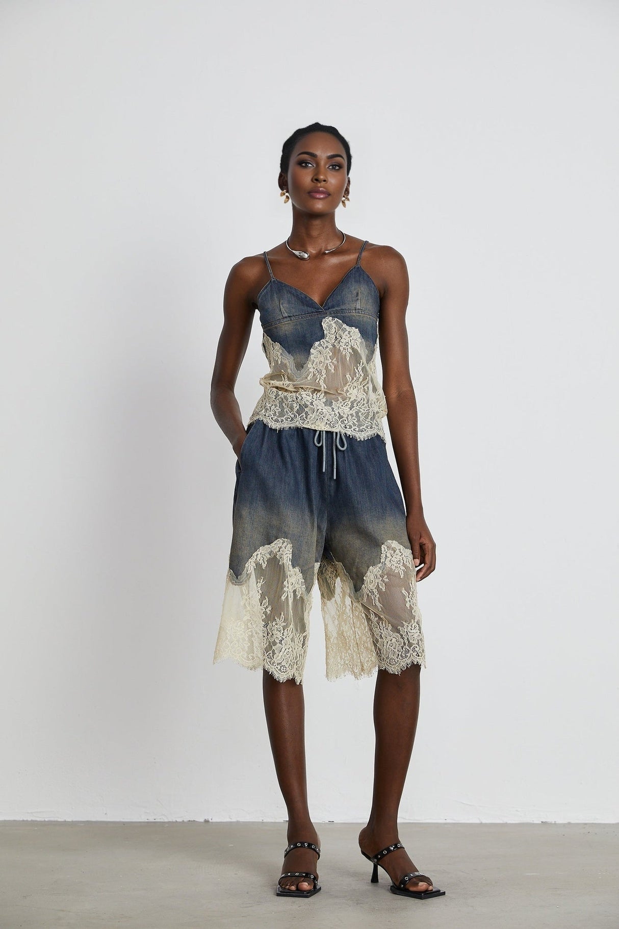 Chiara Top & Shorts - Denim Blend - Lace Detailing - Elasticated Waistband - Side Pockets