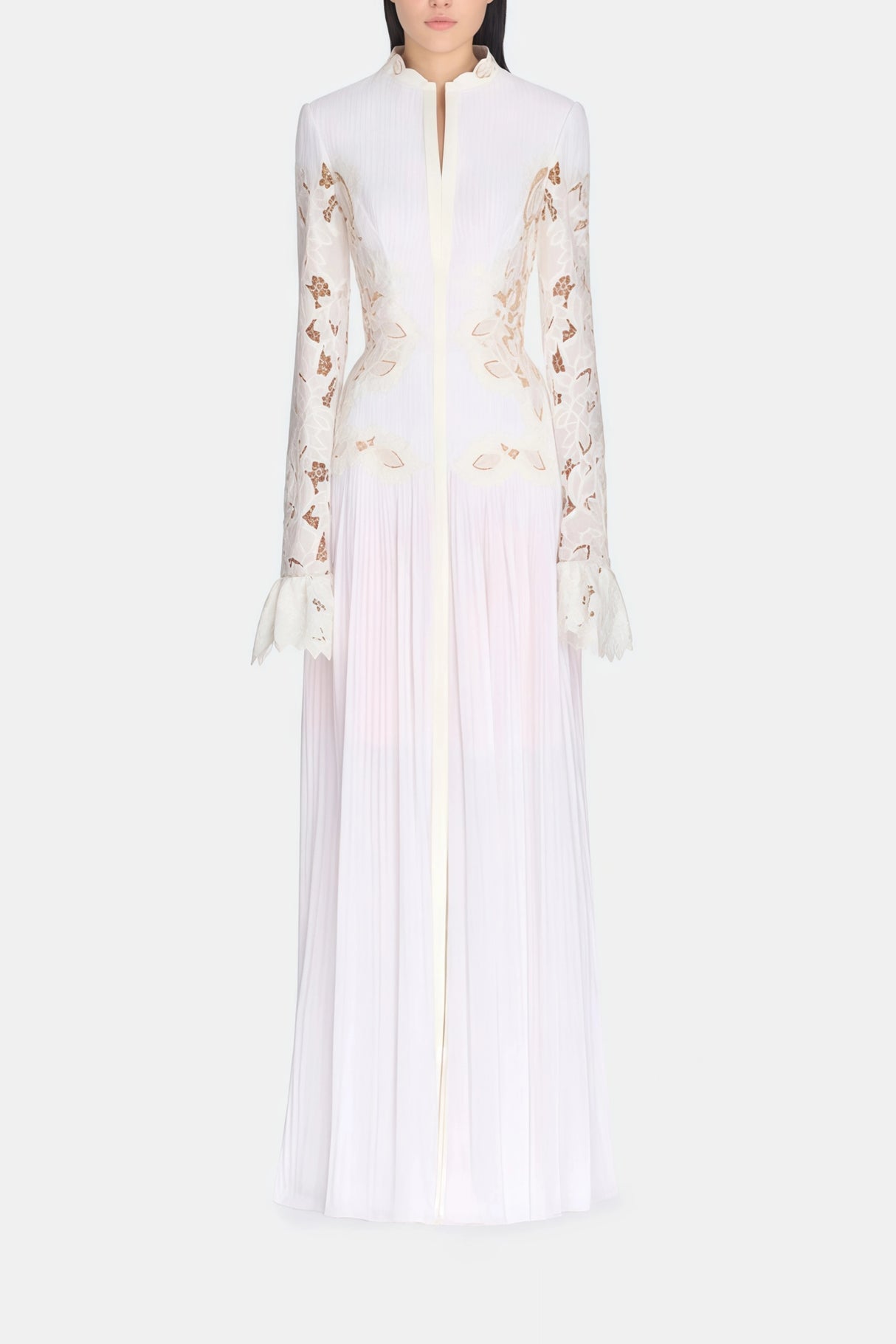 Chiara White Lace Panel Pleated Midi Dress