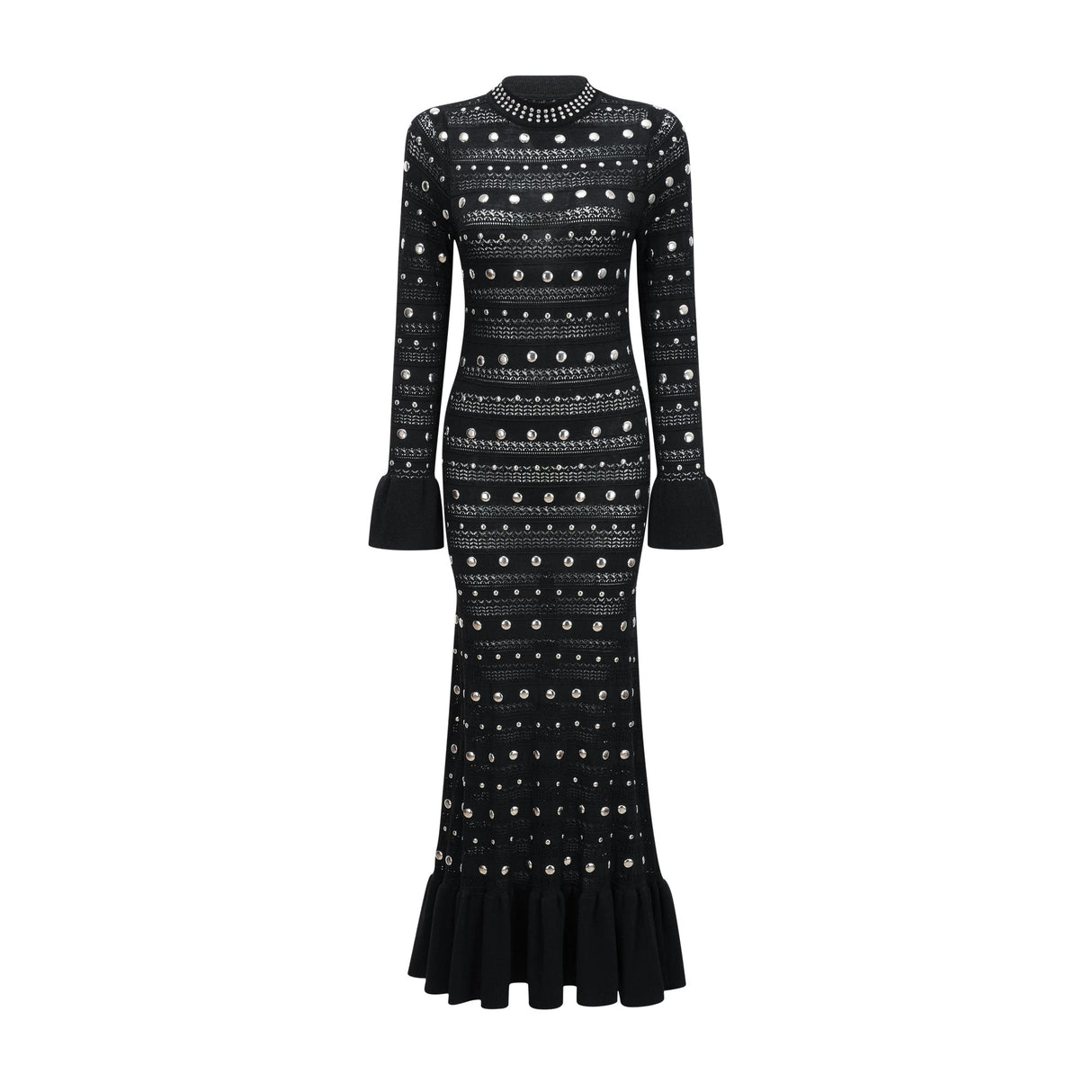 Chloé Black Long Sleeve Studded Crochet Knit Midi dress