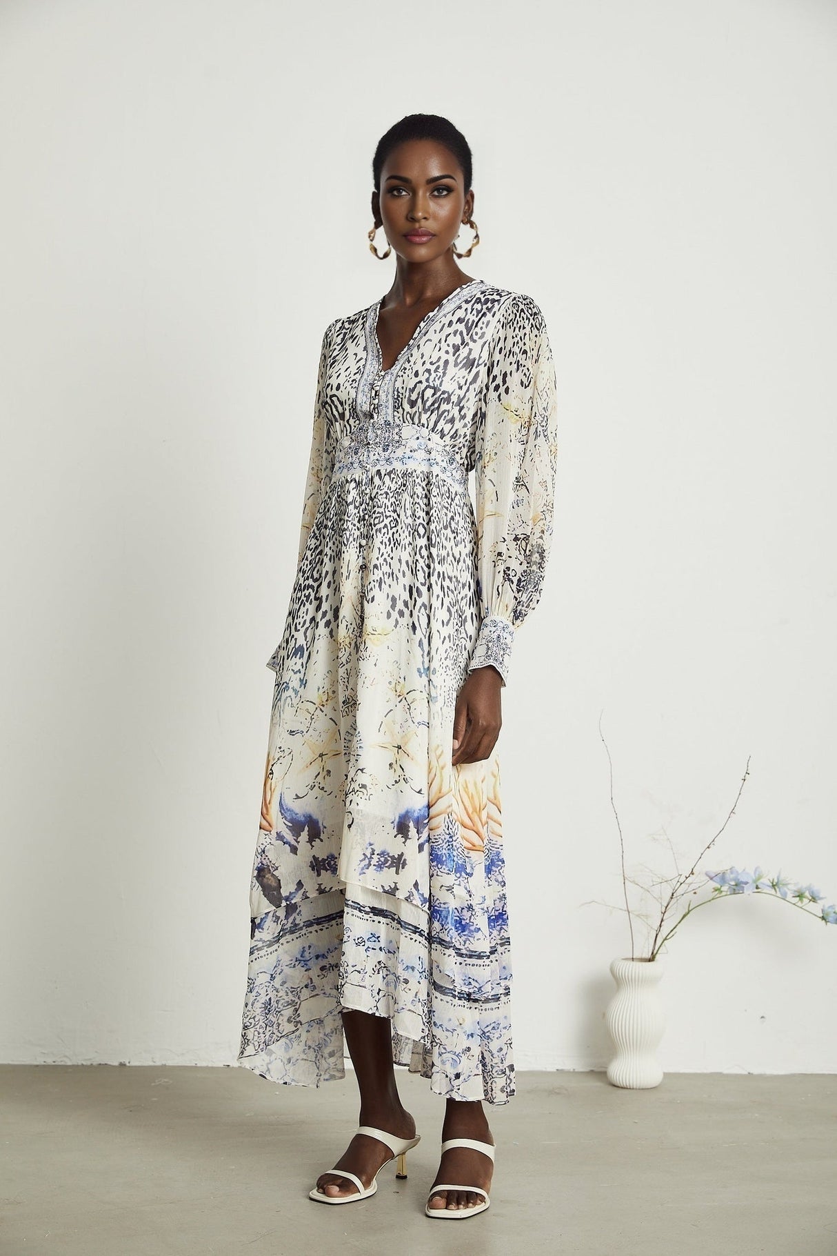 Chloe Maxi Dress - Plunging V - Neck - Long Blouson Sleeves - Double Ruffle Hem - Front Button Fastening
