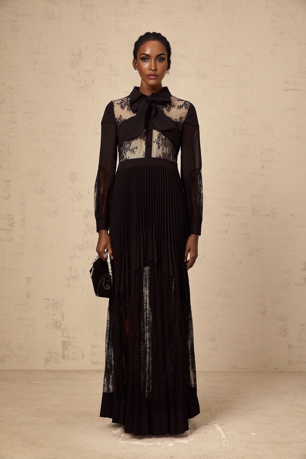 Chloe Maxi Dress - Ribbon Tie - Neck Detailing - Pleated Skirt - Floral - Lace - Buttoned Cuffs - Side Zip