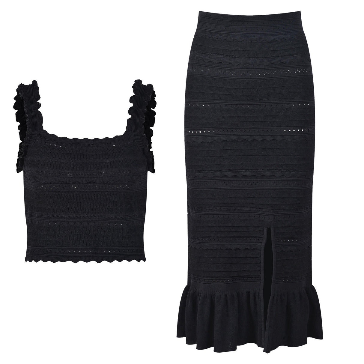 Chloe Top & Skirt Set - Body - Hugging Silhouette - Textured Fabric - Ruffled Details - Cut - Out Slit - Timeless Chic