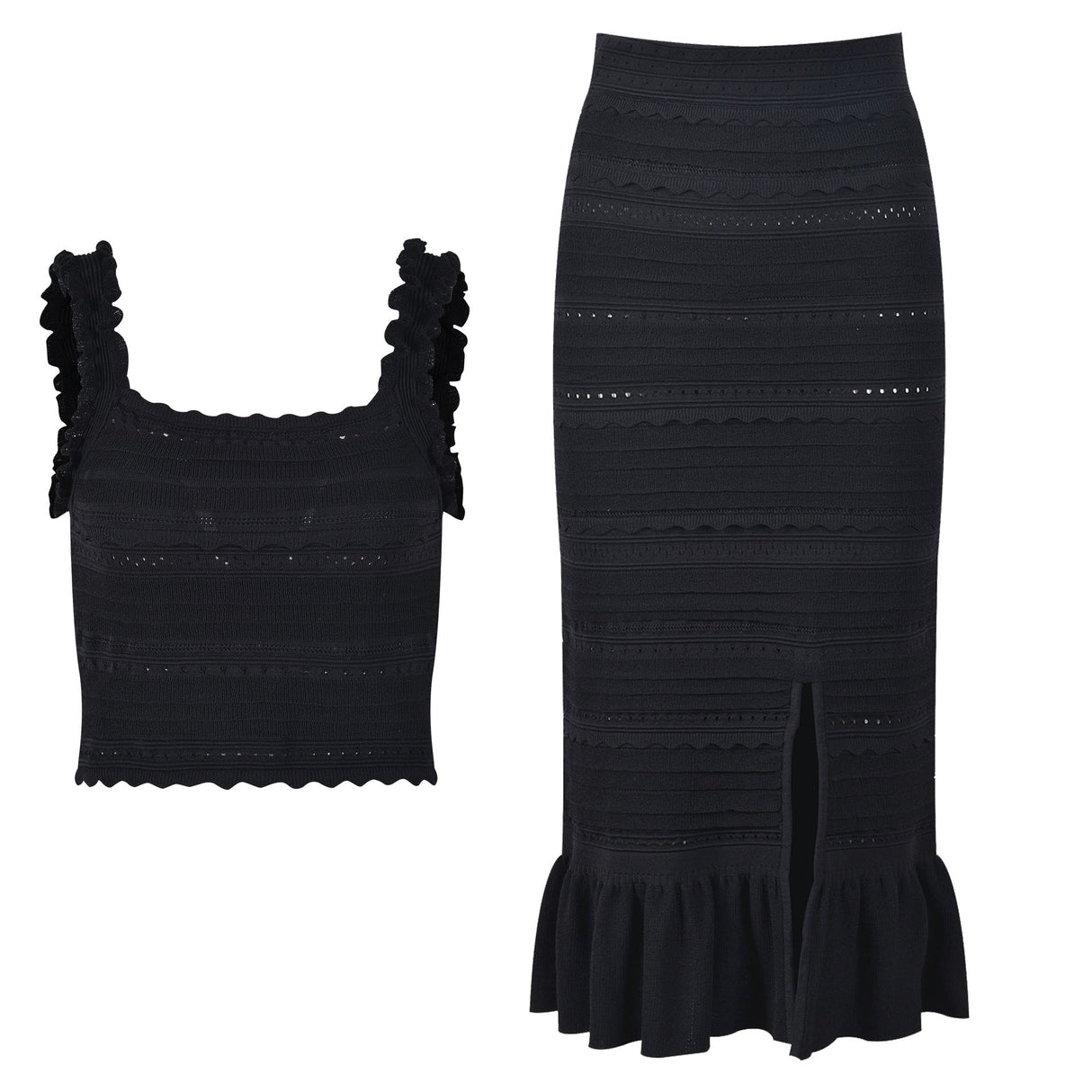Chloe Top & Skirt Set - Body - Hugging Silhouette - Textured Fabric - Ruffled Details - Cut - Out Slit - Timeless Chic